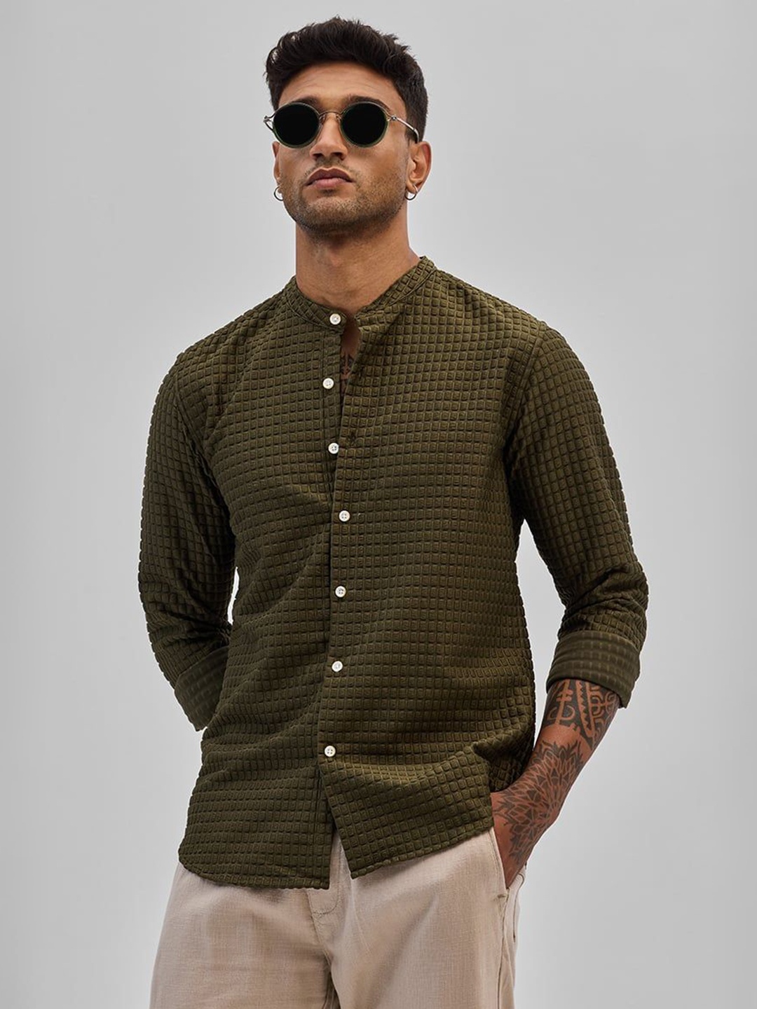 

Snitch Men Smart Band Collar Textured Casual Shirt, Olive