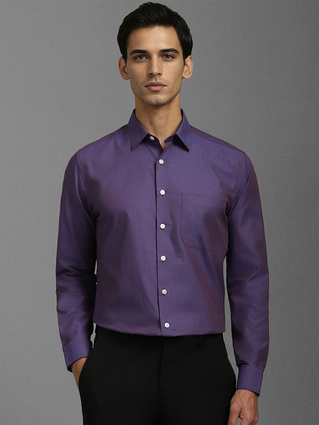 

Louis Philippe Men Spread Collar Textured Cotton Slim Fit Formal Shirt, Purple