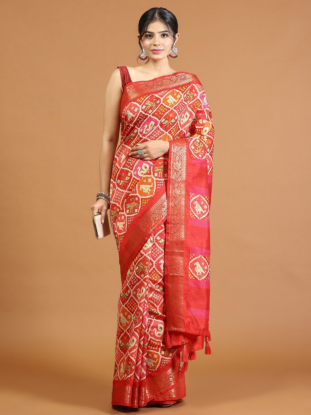 

Meena Bazaar Bandhani Printed Zari Art Silk Tussar Saree, Red