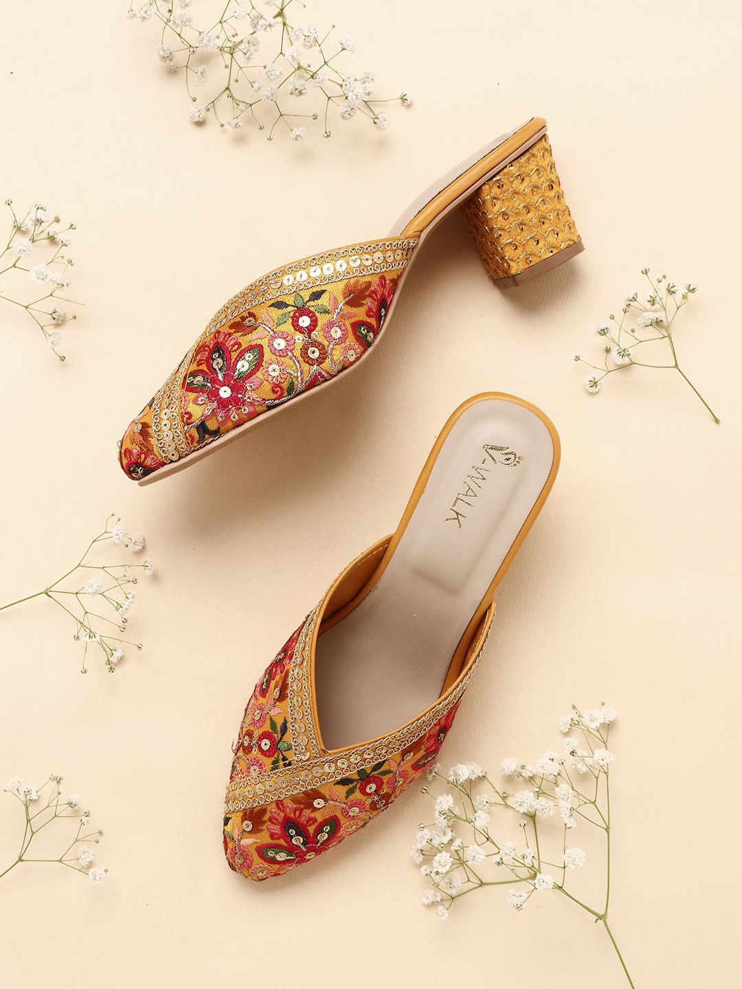 

V-WALK Women Floral Embroidered Ethnic Block Heel Sandals, Orange