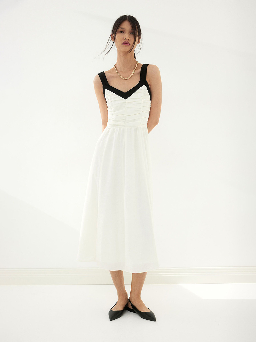 

H&M Women Shoulder Straps Pleated Midi Dress, White