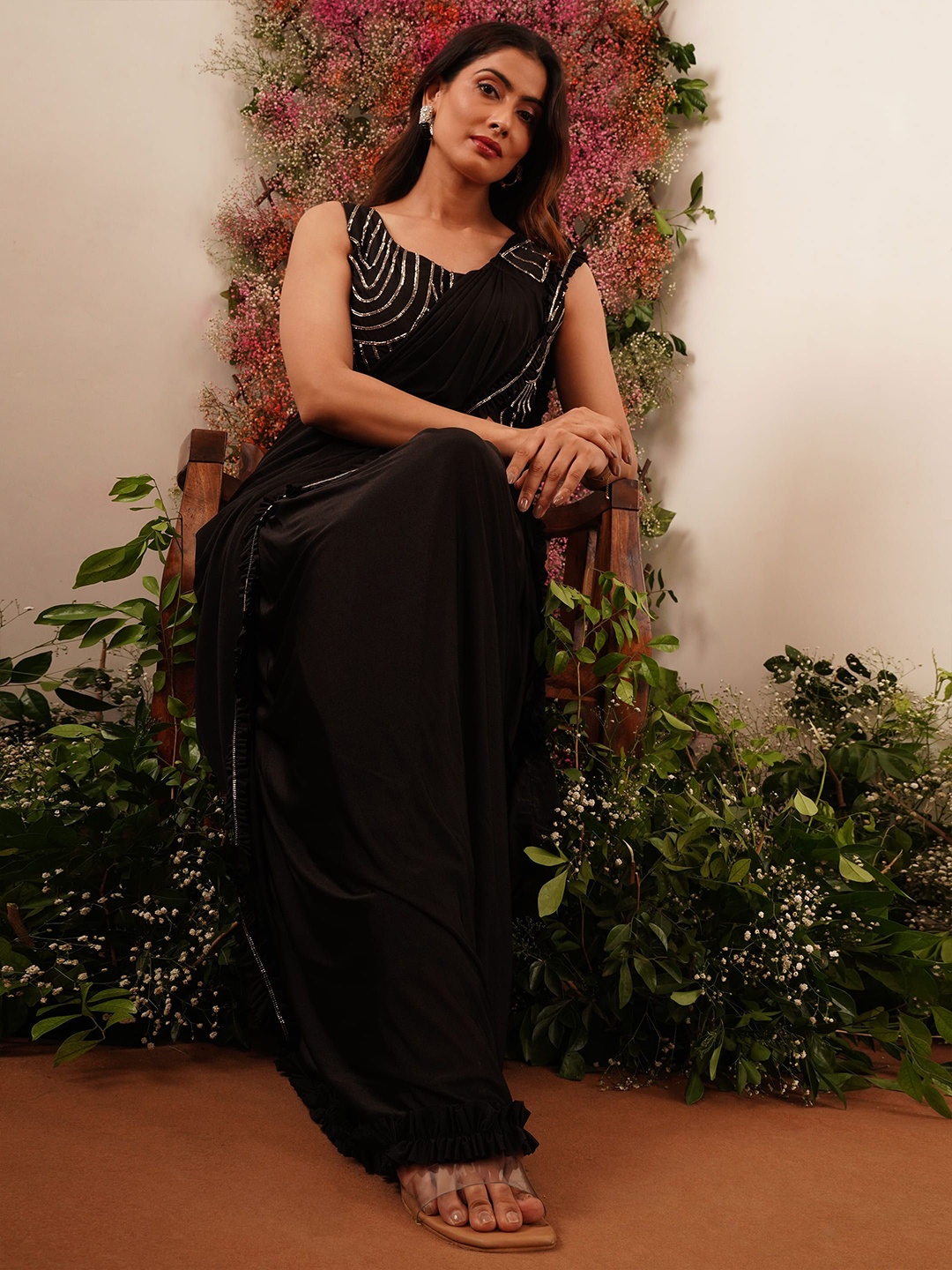 

AMOHA TRENDZ Embellished Beads and Stones Ready to Wear Saree, Black