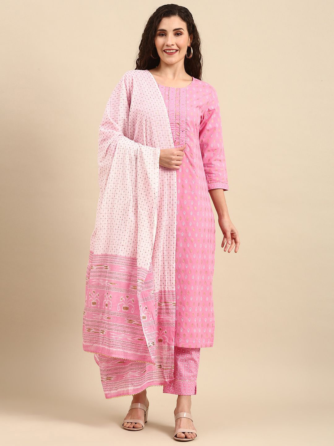 

KALINI Floral Printed Gotta Patti Pure Cotton Straight Kurta with Trousers & With Dupatta, Pink