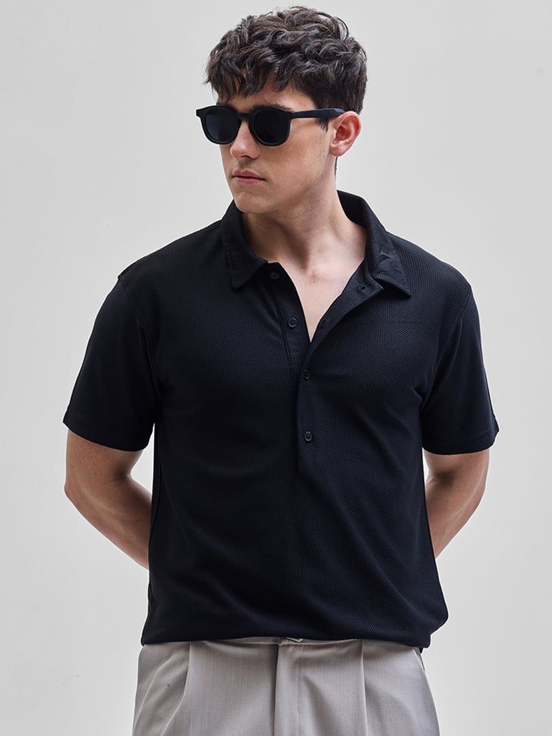 

Snitch Men Self Design Polo Collar Slim Fit T-shirt, Black