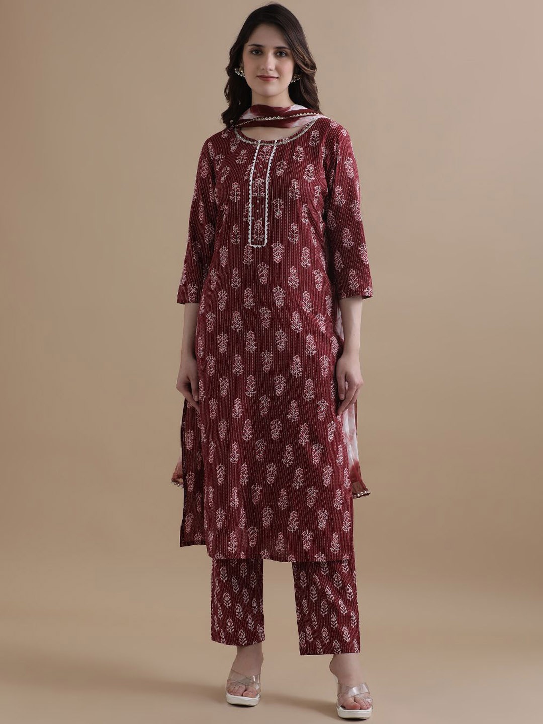 

Jaipur Kurti Floral Printed Kantha Work Pure Cotton Straight Kurta With Trouser & Dupatta, Maroon