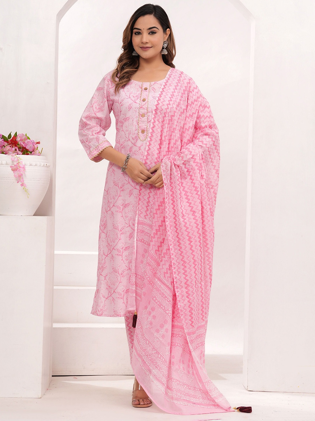 

VASUPRADA Floral Printed Gotta Patti Pure Cotton Straight Kurta With Trousers & Dupatta, Pink