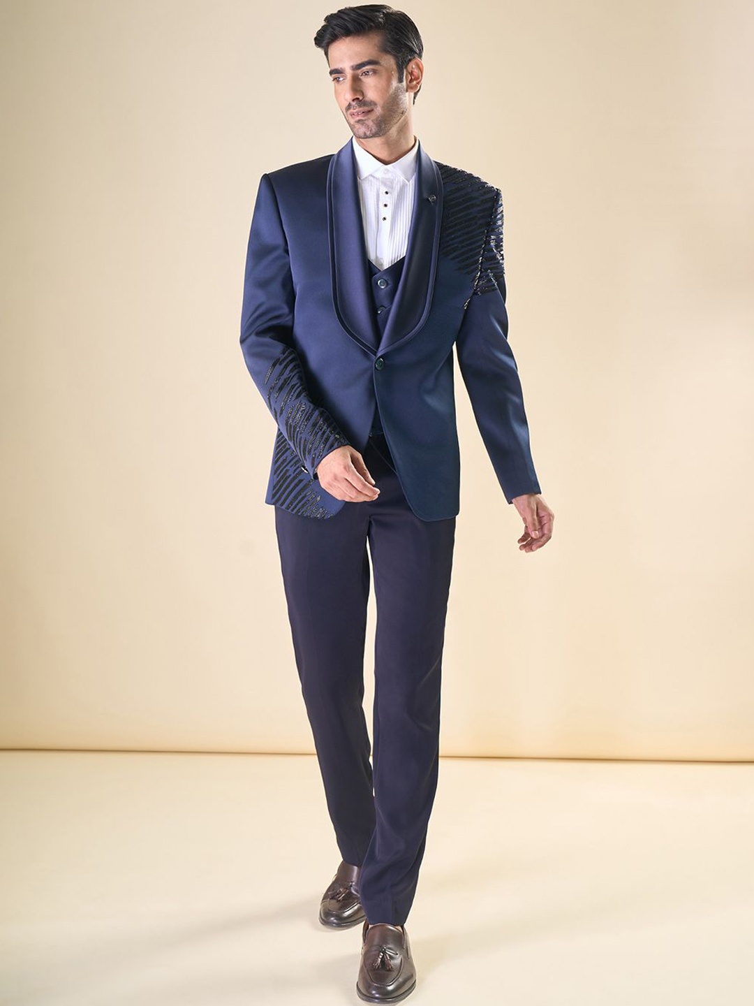 

Aryavir Malhotra Texedo Four- Piece Embroidered Suit, Navy blue