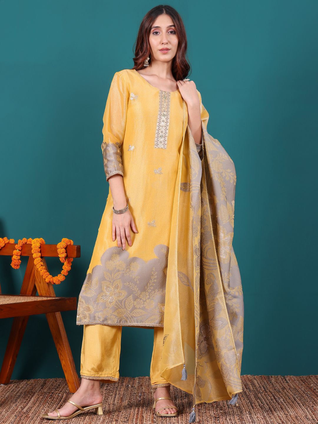 

Chowkhat Ethnic Motifs Embroidered Organza Straight Kurta With Trouser & Dupatta, Yellow