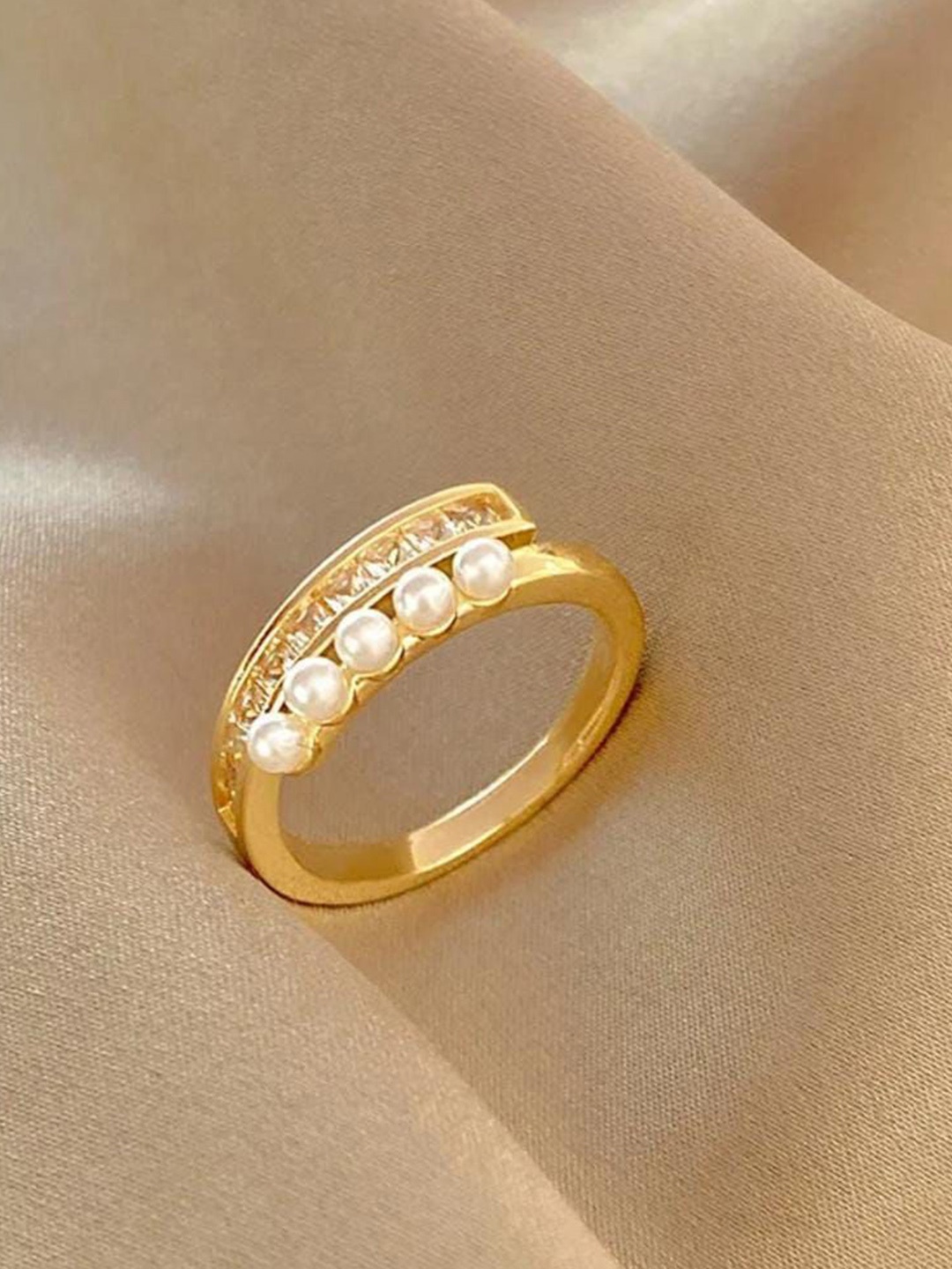 

YU FASHIONS Gold Plated Stainless Steel Rhinestone Studded & Beaded Adjustable Finger Ring