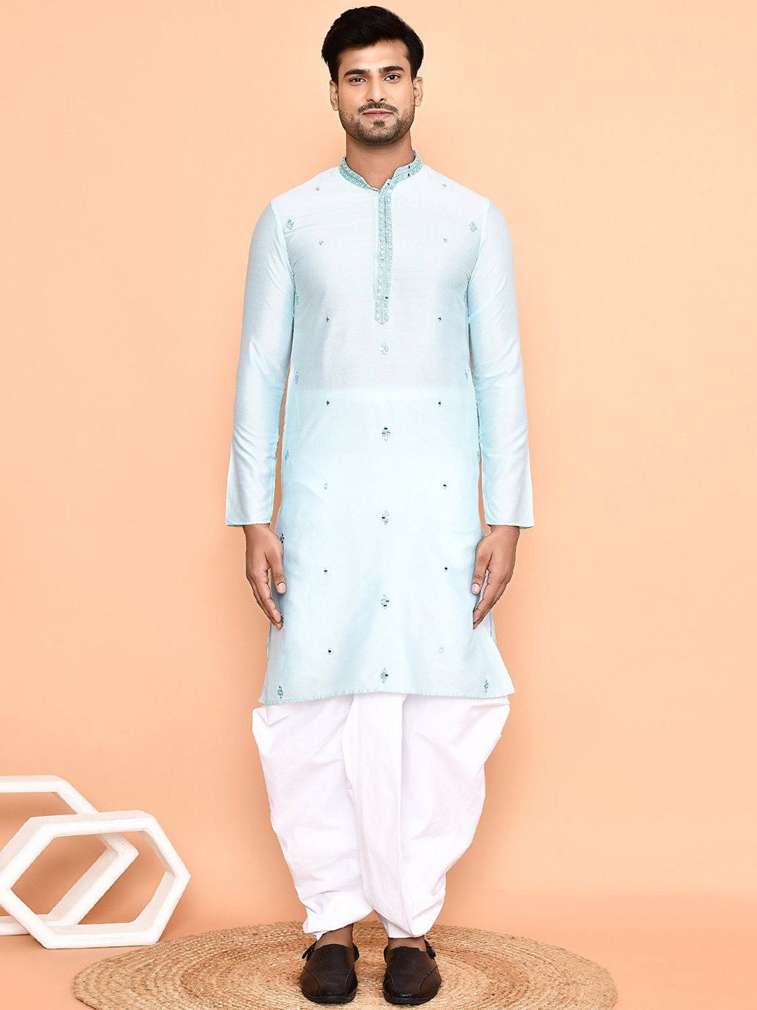 

Arihant Rai Sinha Geometric Embroidered Mirror Work Straight Kurta with Dhoti Pants, Blue