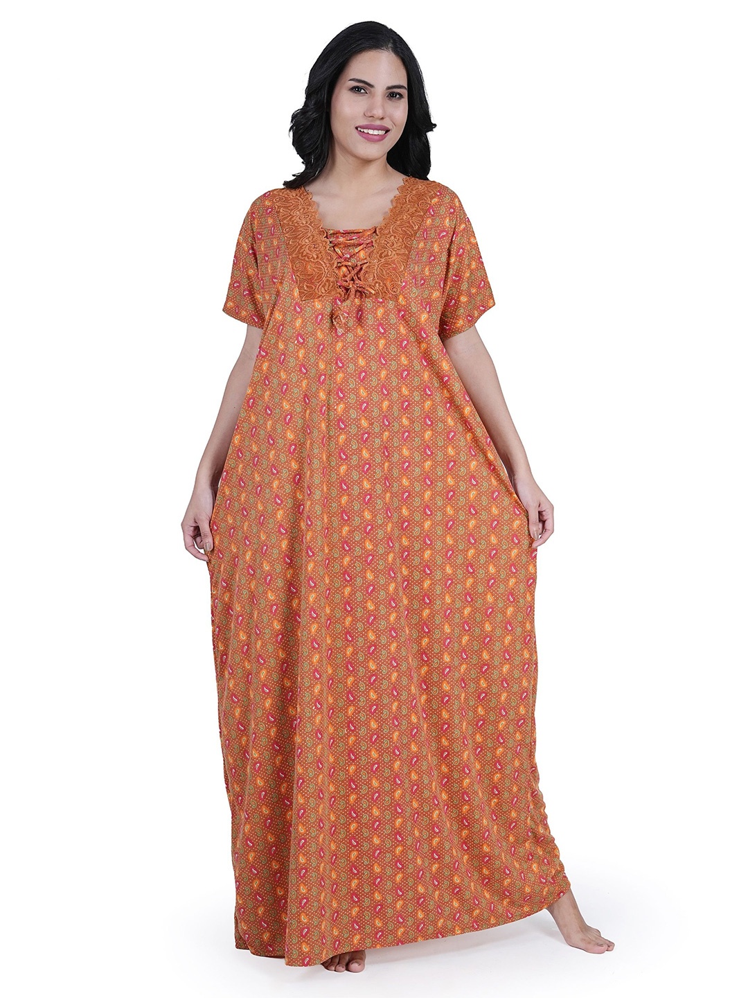 

Noty Women Printed Lace Work on Neck Short Sleeves Maxi Nightdress, Orange