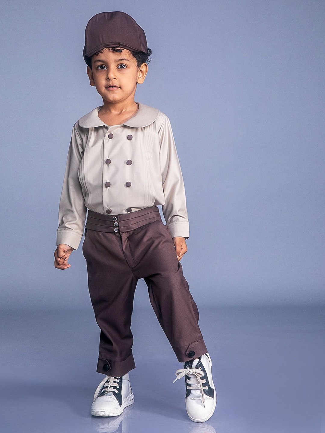 

BAYA COUTURE Boys Spread Collar Pure Cotton Shirt with Trousers, Brown