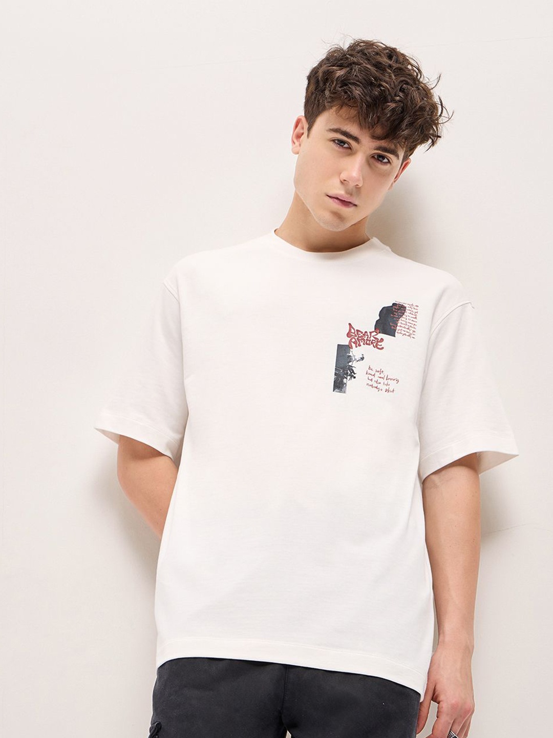 

THE BEAR HOUSE Men Abstract Printed Round Neck Cotton Oversized T-shirt, White