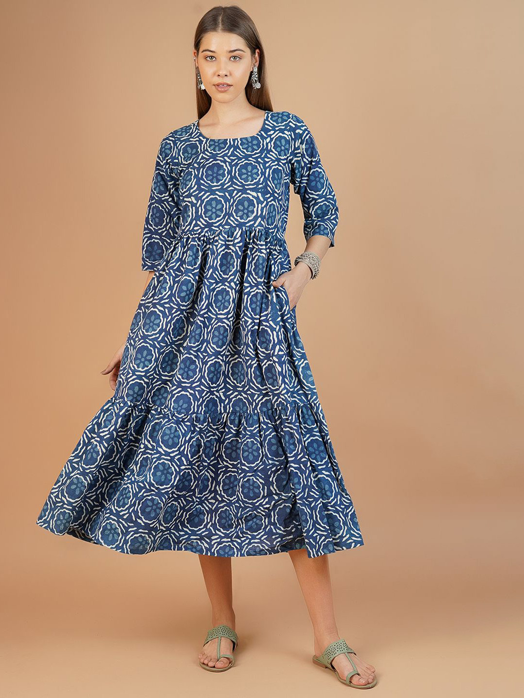 

INDOPHILIA Women Round Neck Three-Quarter Sleeves Midi Dress, Blue