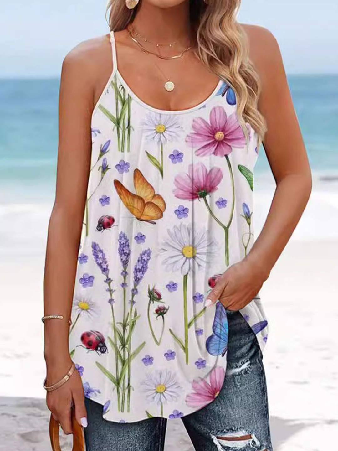 

StyleCast Floral Printed Shoulder Straps Top, White
