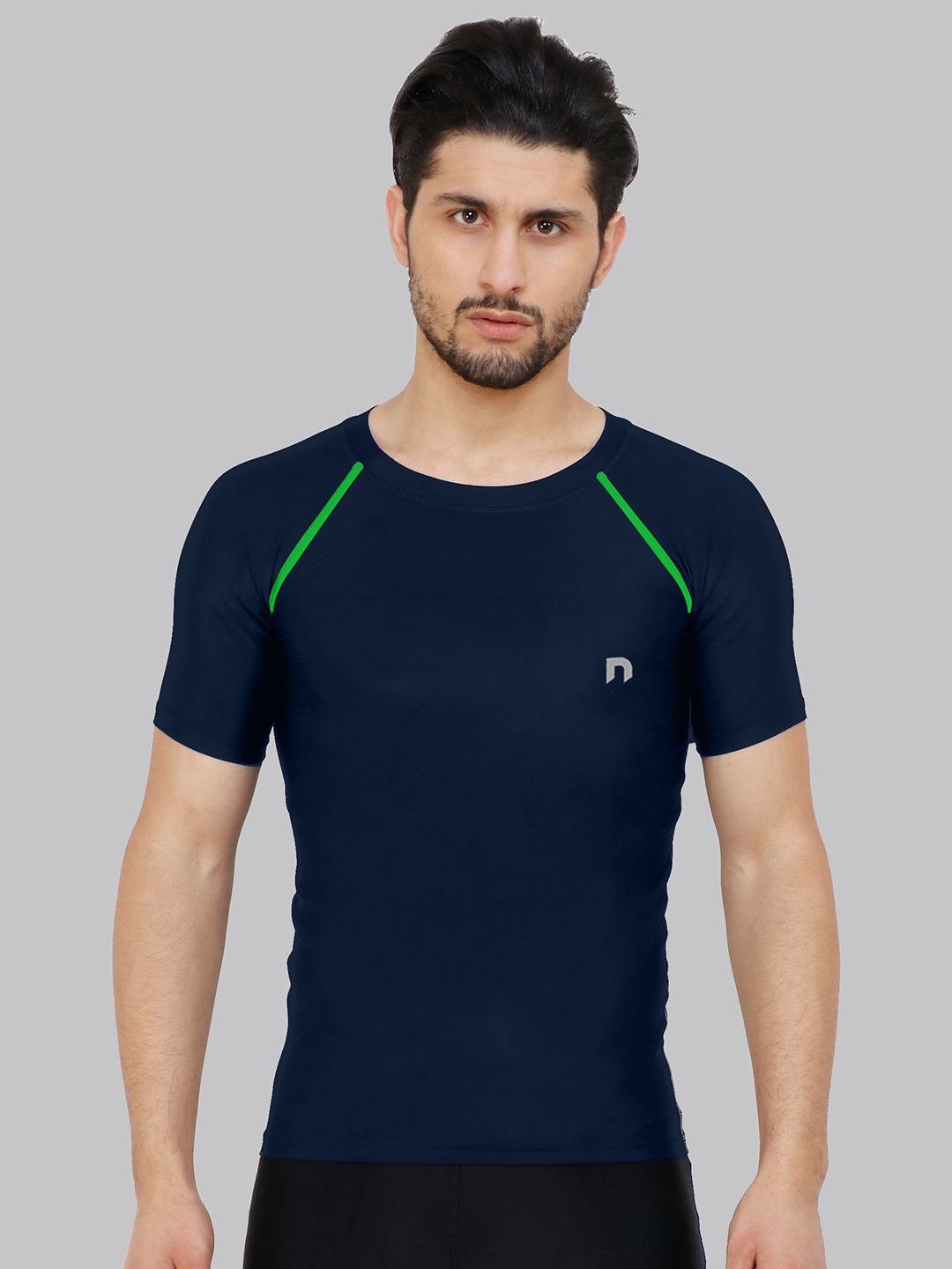 

NEVER LOSE Men Solid Round Neck Compression T-shirt, Navy blue