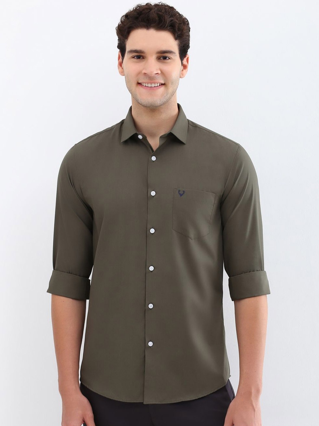 

Allen Solly Men Spread Collar Solid Cotton Slim Fit Casual Shirt, Olive