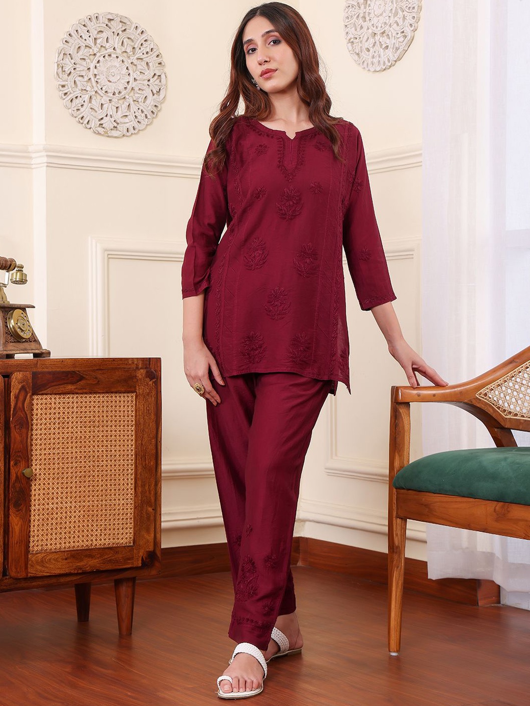 

Chowkhat Floral Chikankari Embroidered Tunic With Trousers, Maroon