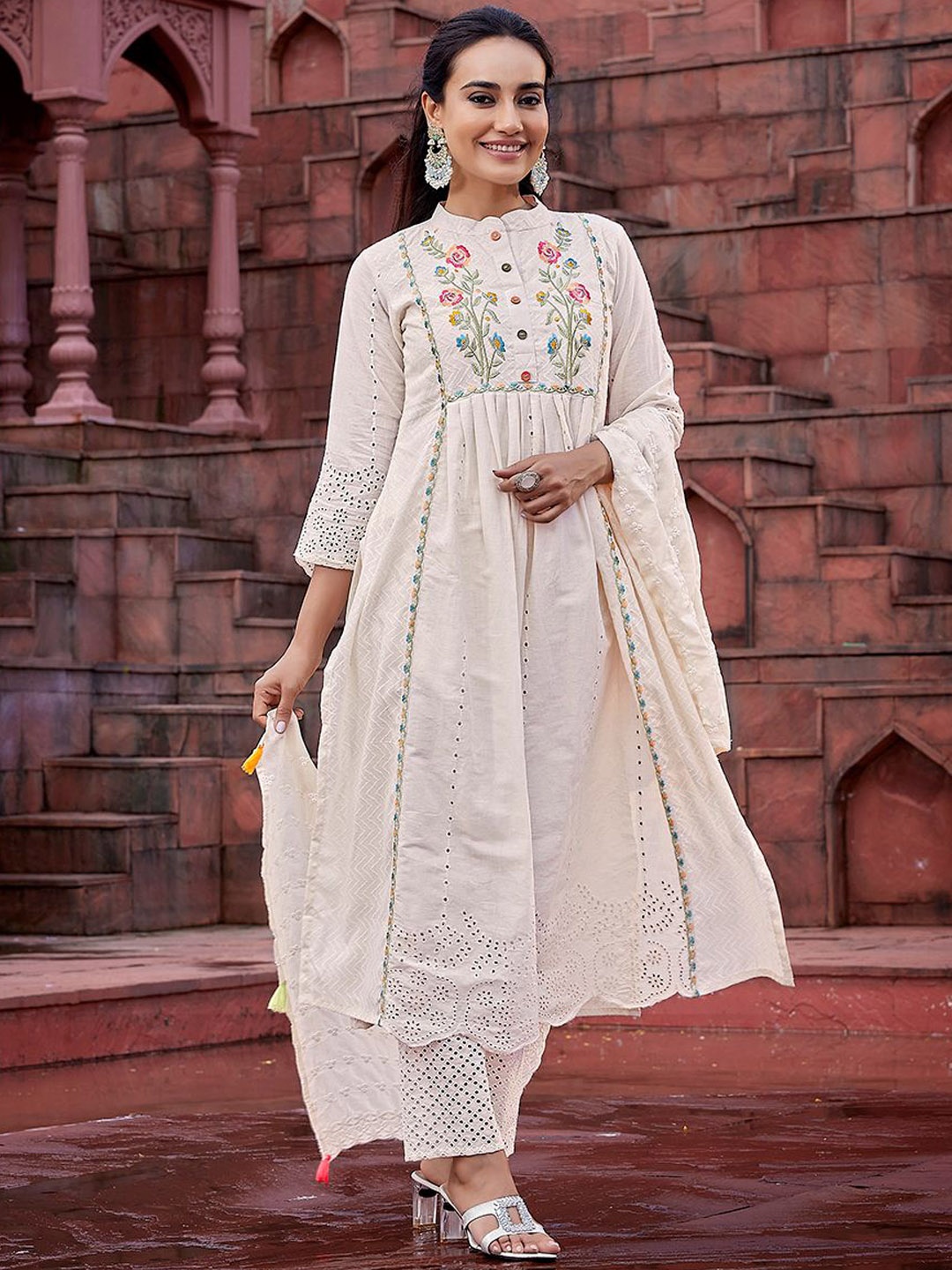 

DIVASTRI Floral Embroidered Anarkali Kurta With Trouser & Dupatta, Beige