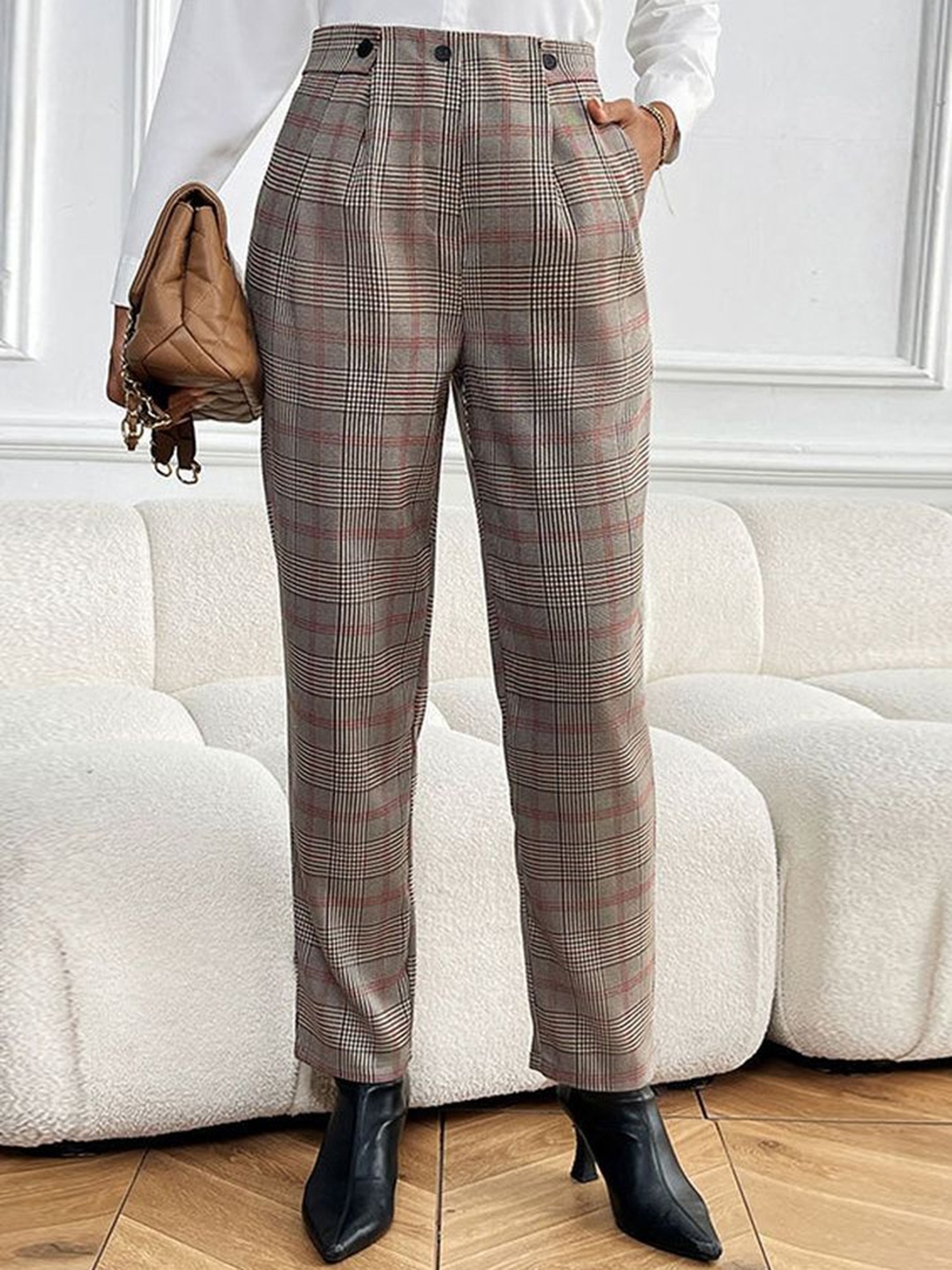

LULU & SKY Women Checked Straight Fit High-Rise Pleated Trousers, Coffee brown