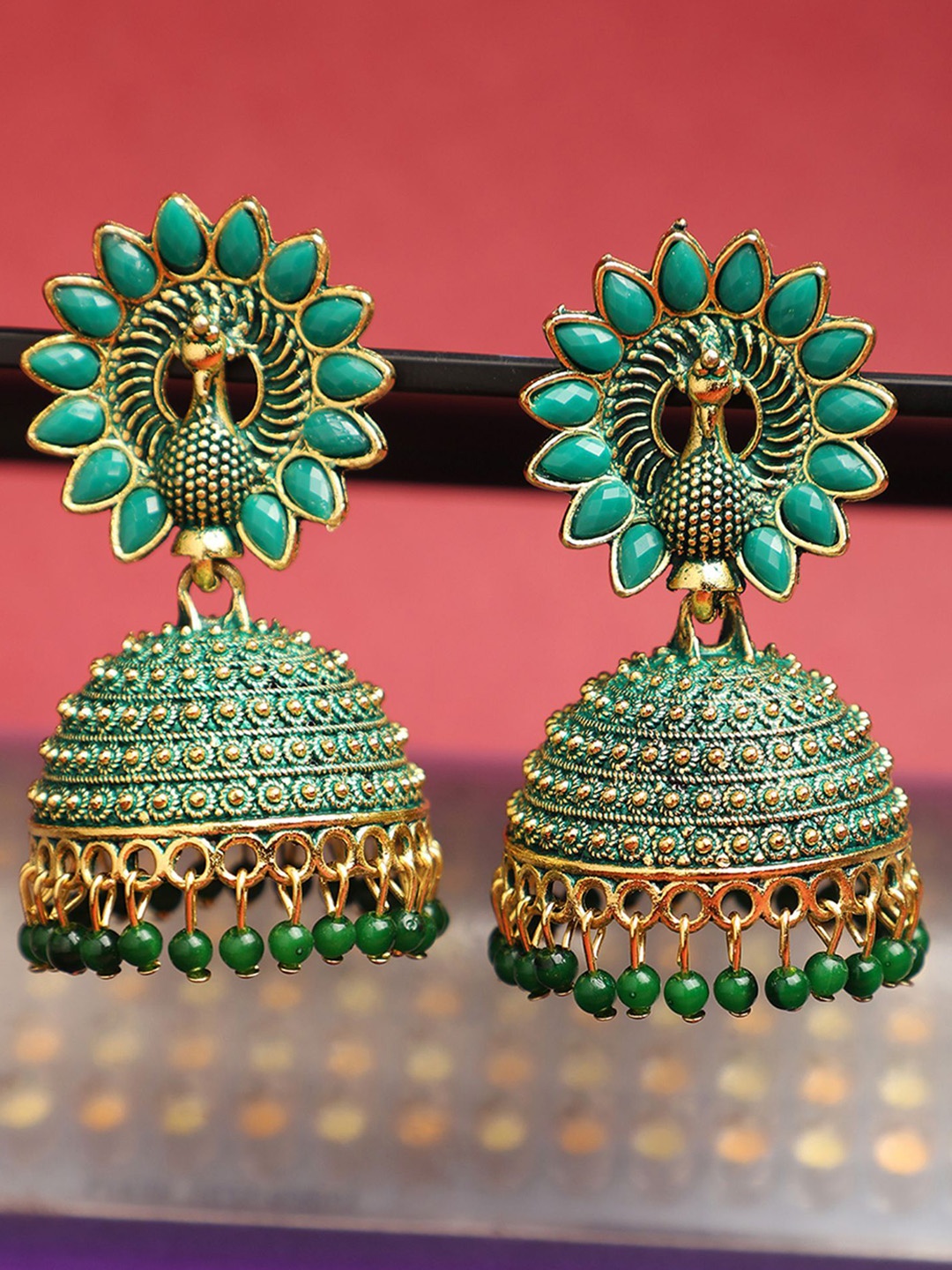 

Anouk Green Gold Plated Stone Studded & Beaded Dome Shaped Jhumkas