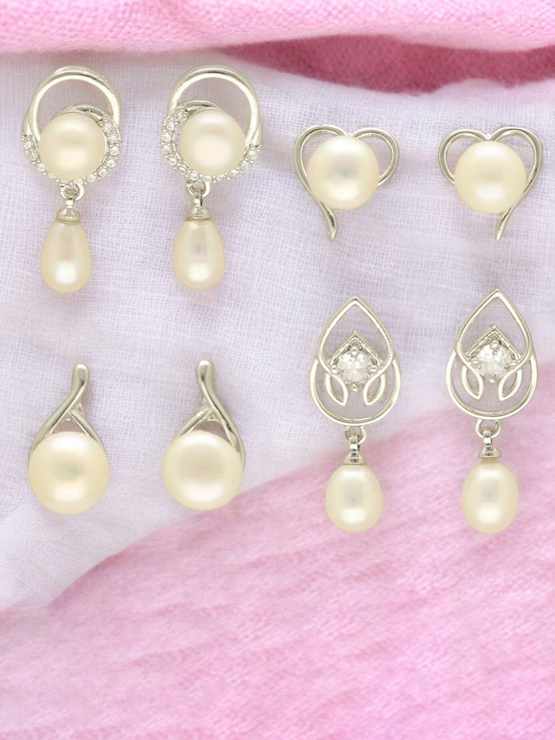 

Sri Jagdamba Pearls Dealer Set Of 4 Gold-Plated Contemporary Pearls Drop Earrings, White