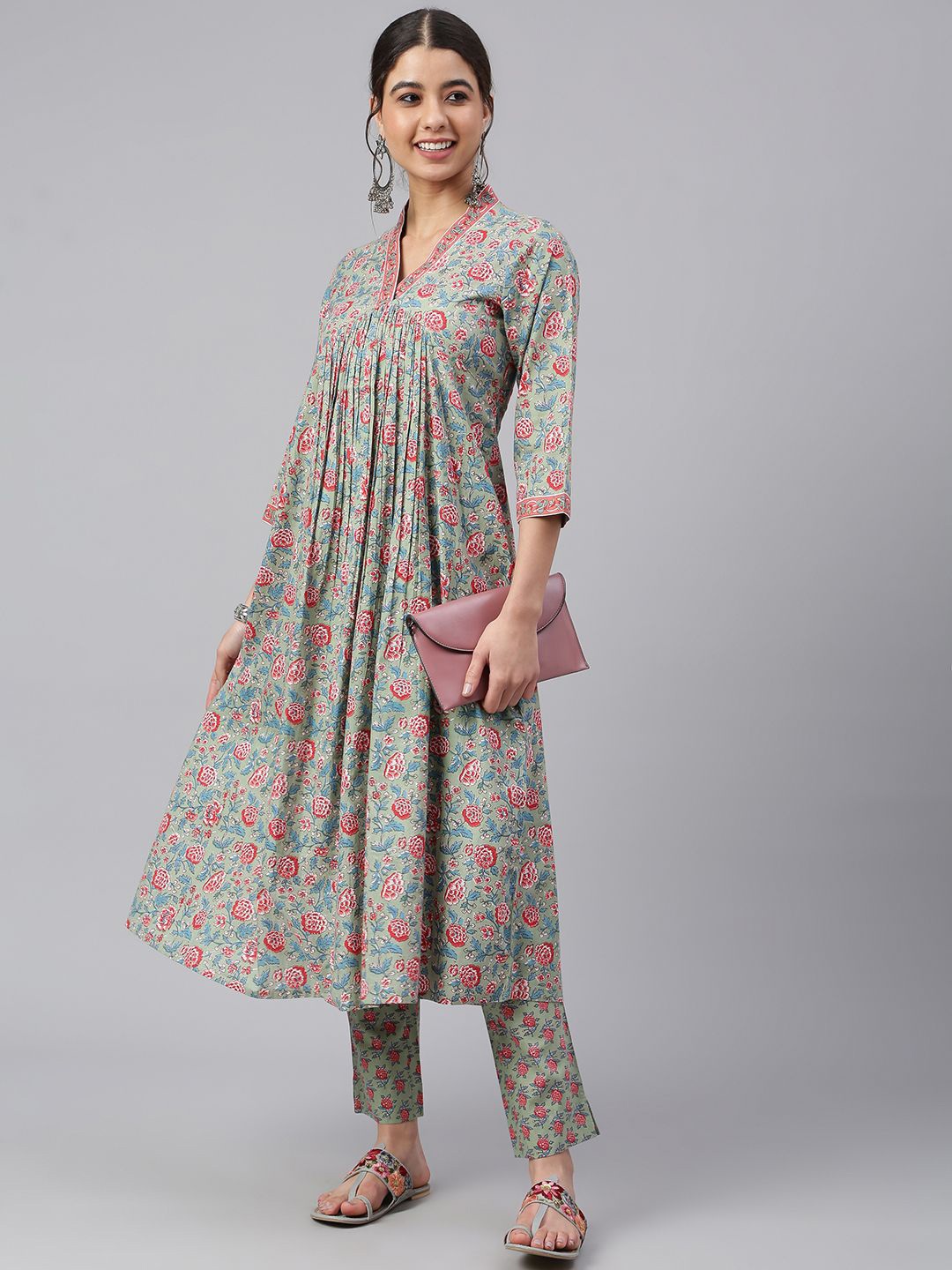 

KALINI V-Neck Floral Printed Empire Pure Cotton A-Line Kurta with Trousers, Sea green