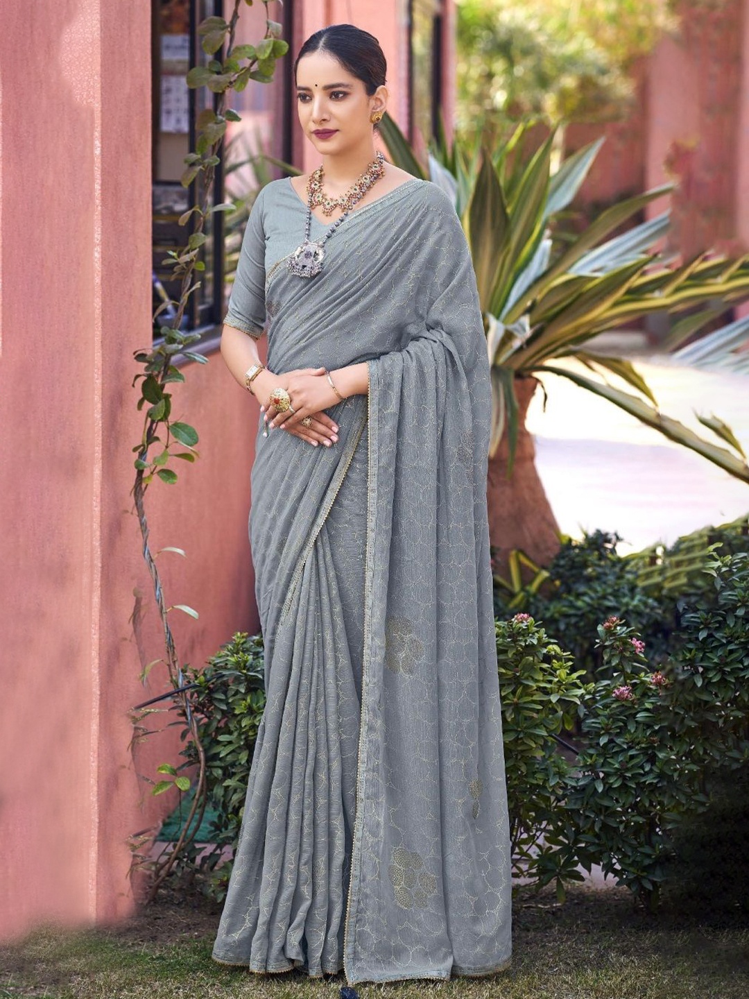 

MAHALASA Embellished Beads and Stones Patola Saree, Grey
