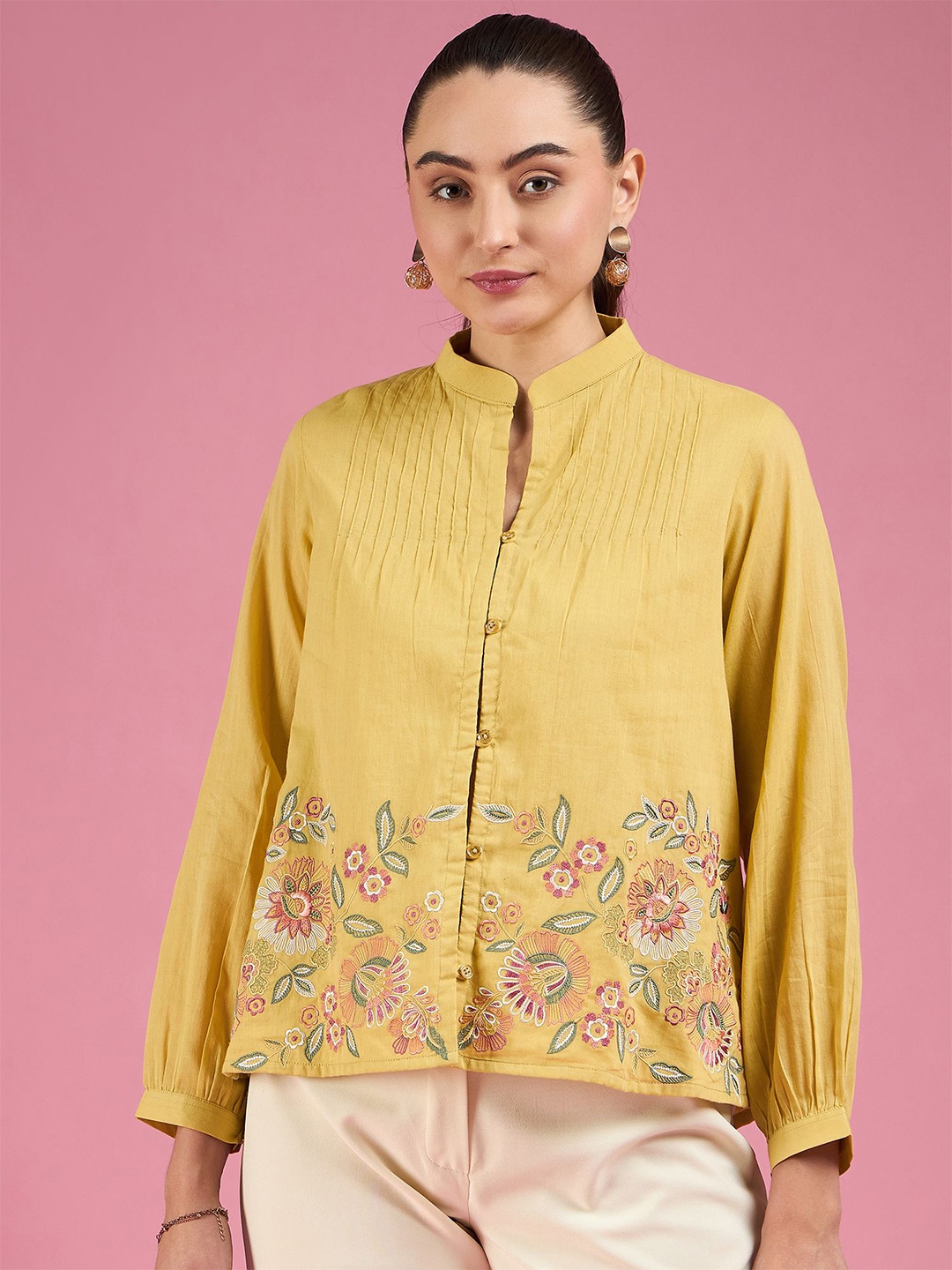 

DressBerry Women Cotton Floral Mandarin Collar Puff Sleeve Cotton Shirt Style Top, Yellow