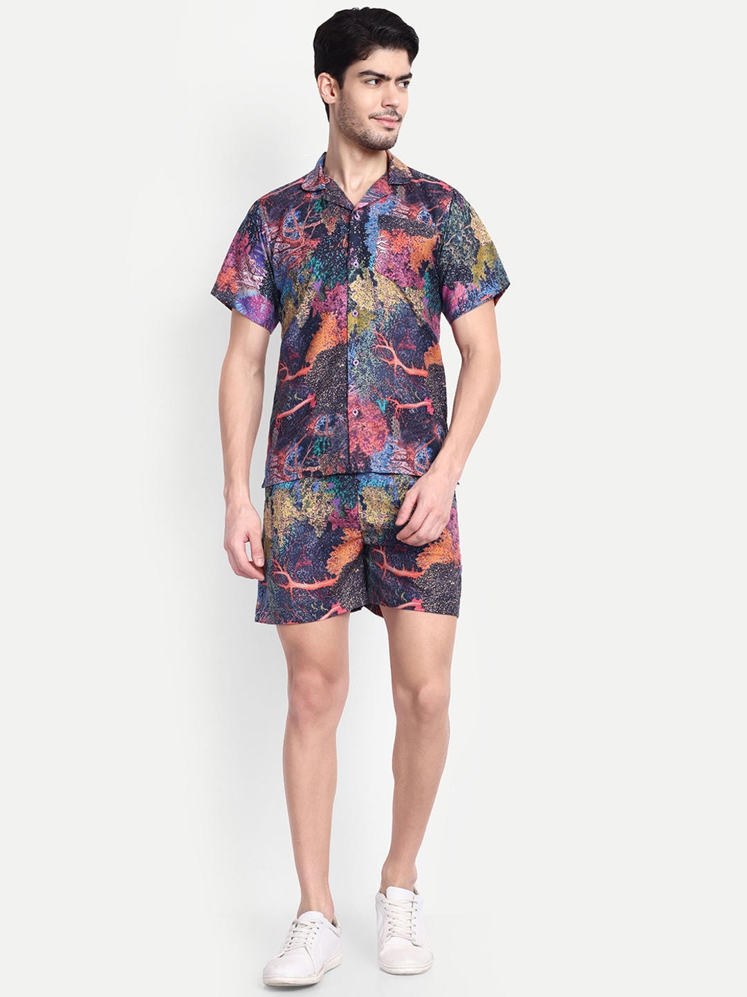 

TILISM Printed Shirt Collar Short Sleeves Pure Cotton Shirt With Shorts, Purple