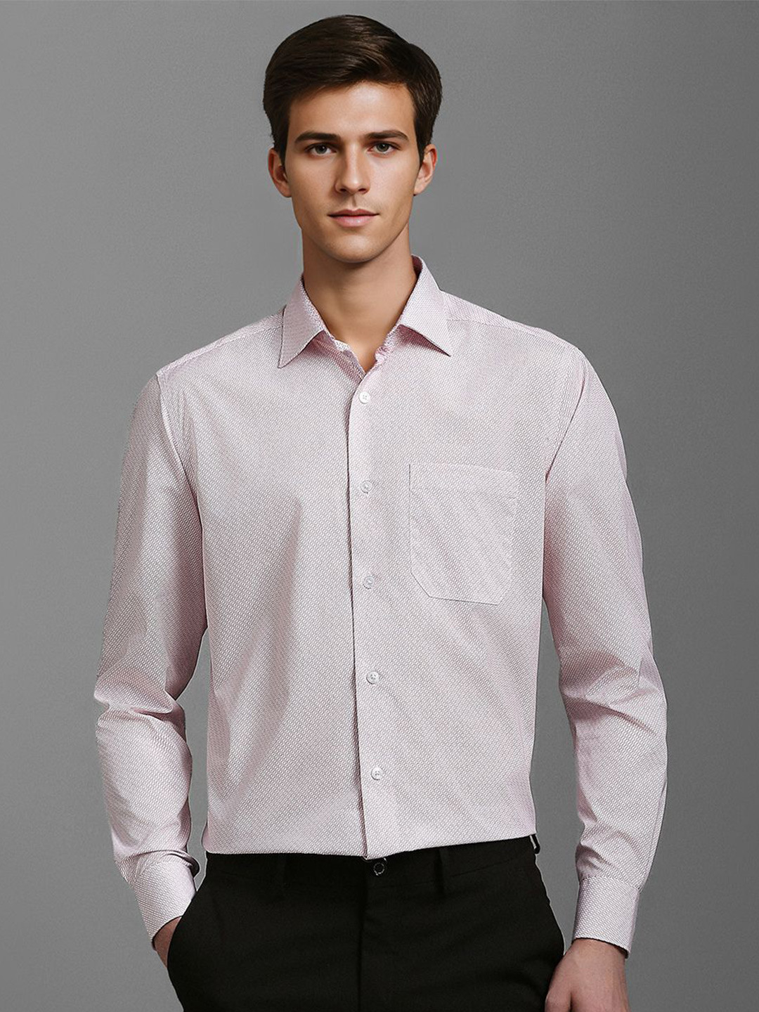

Louis Philippe Men Classic Spread Collar Geometric Printed Cotton Formal Shirt, Beige