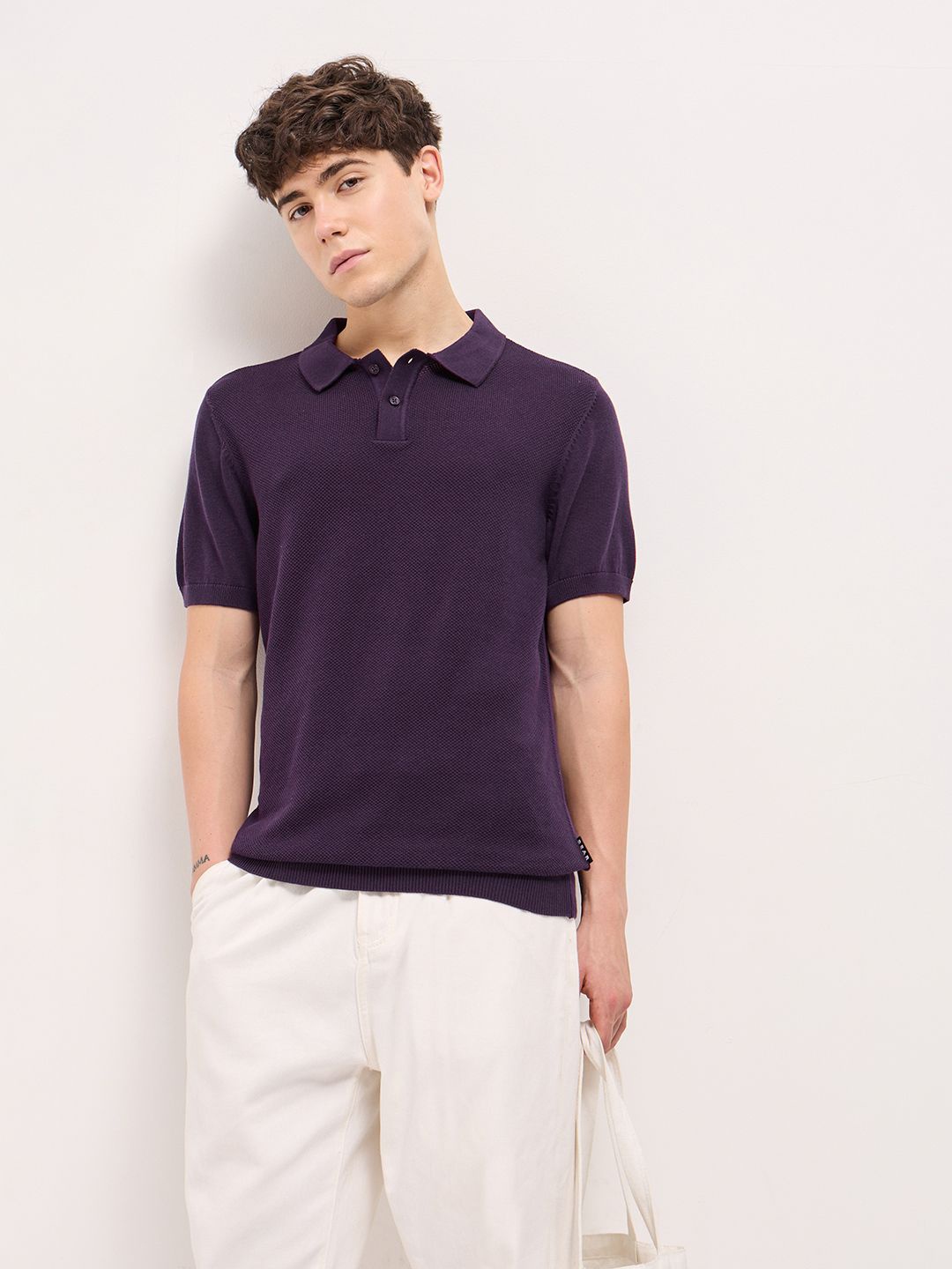 

THE BEAR HOUSE Men Solid Polo Collar Cotton T-shirt, Purple