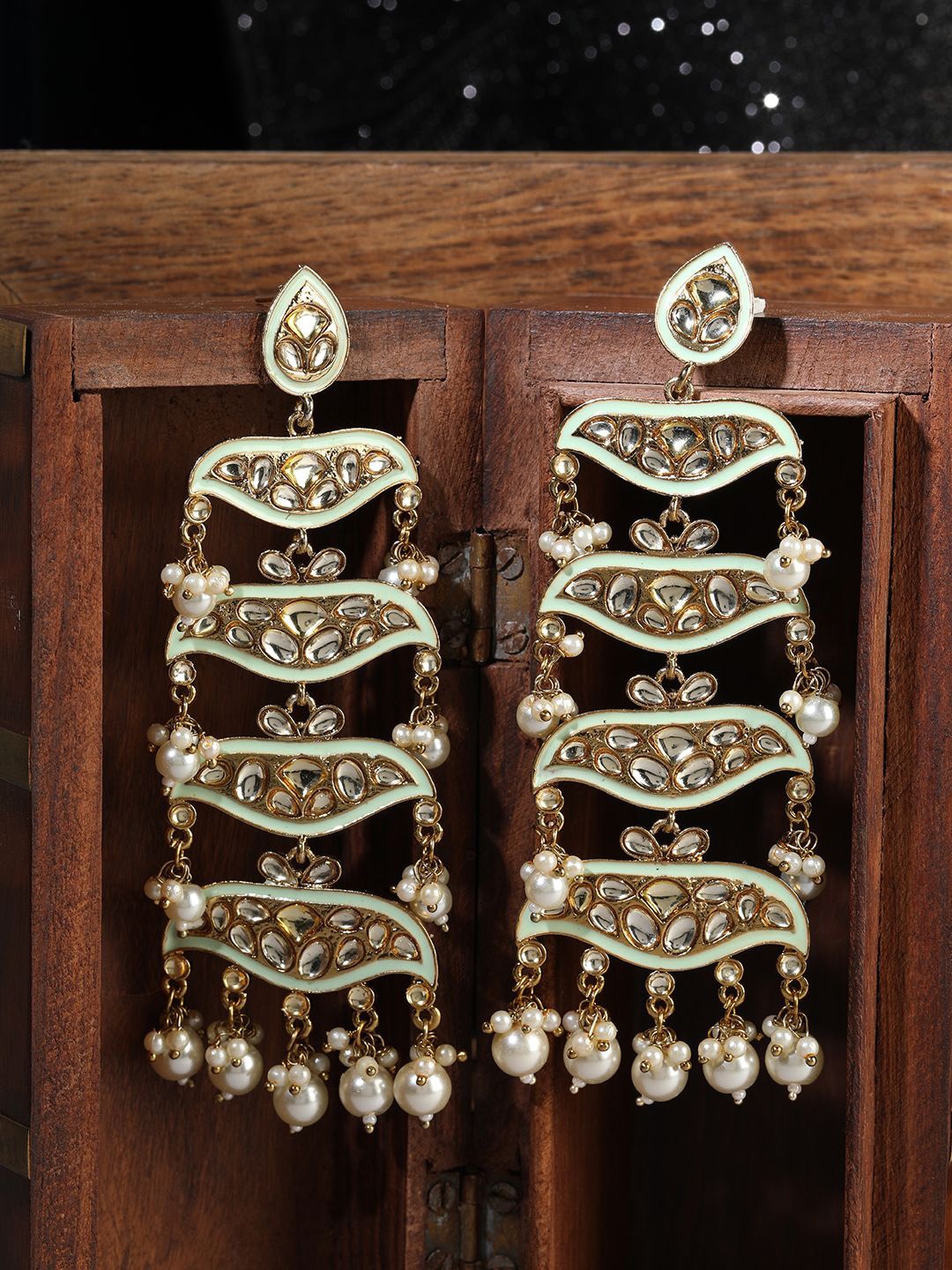 

Anouk Sea Green Gold Plated Kundan Studded & Beaded Contemporary Drop Earrings