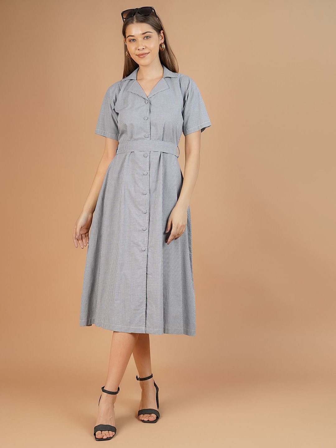 

INDOPHILIA Printed Cotton Shirt Collar Midi Dress, Grey