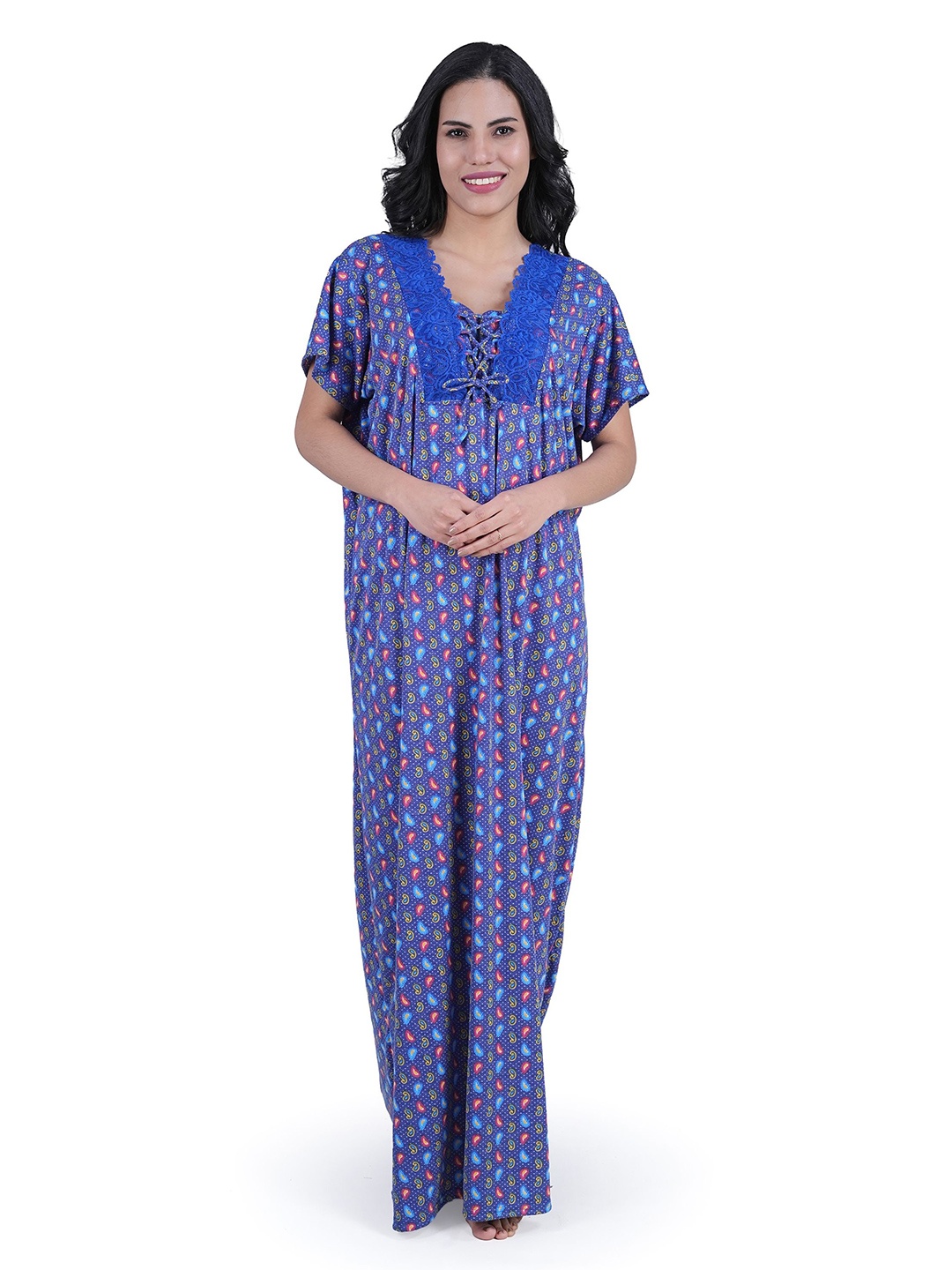 

Noty Women Printed Lace Work on Neck Short Sleeves Maxi Nightdress, Blue