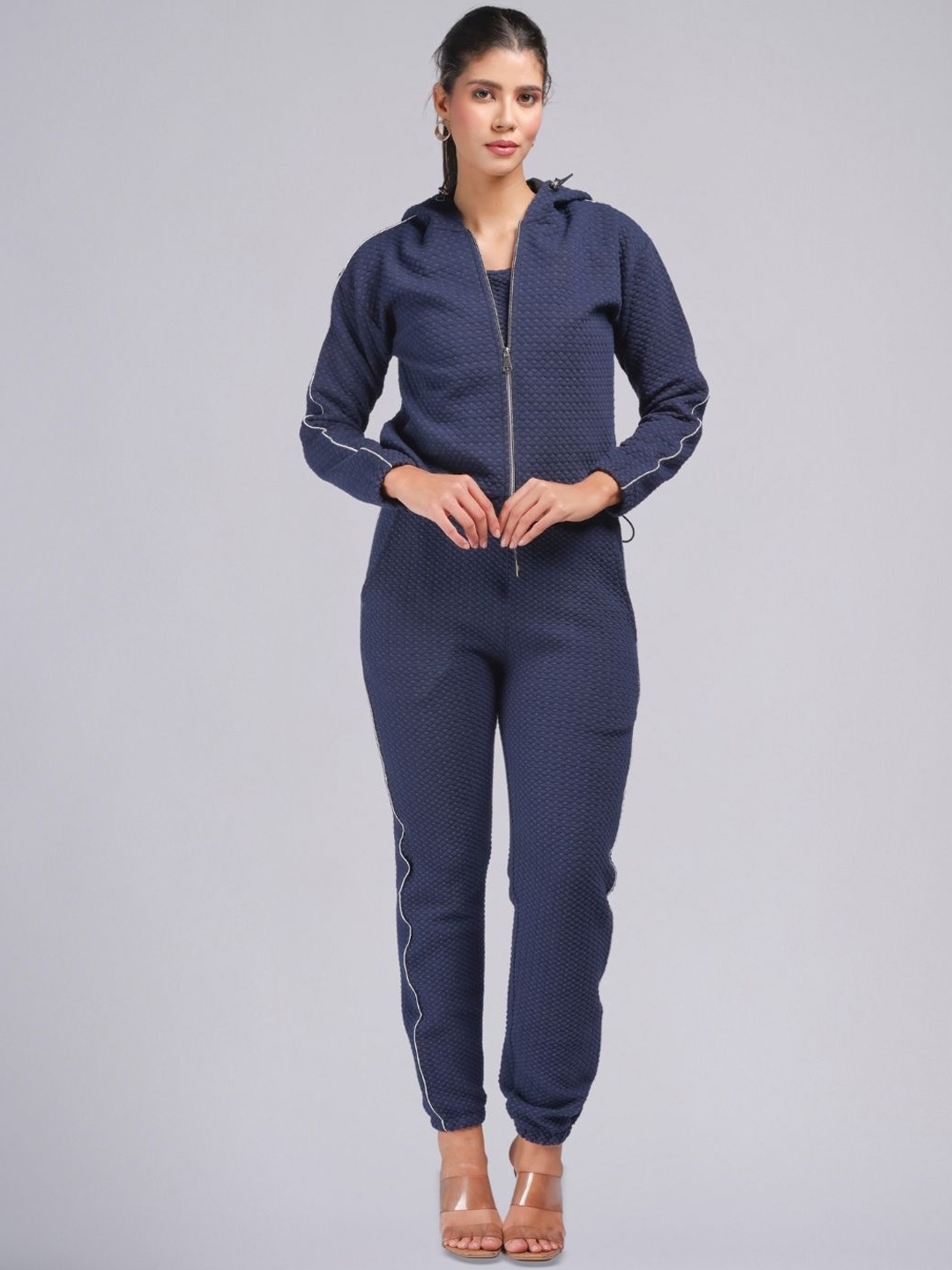 

PUREMIST Self Design Hooded Long Sleeve Jacket With Jogger With Top, Navy blue