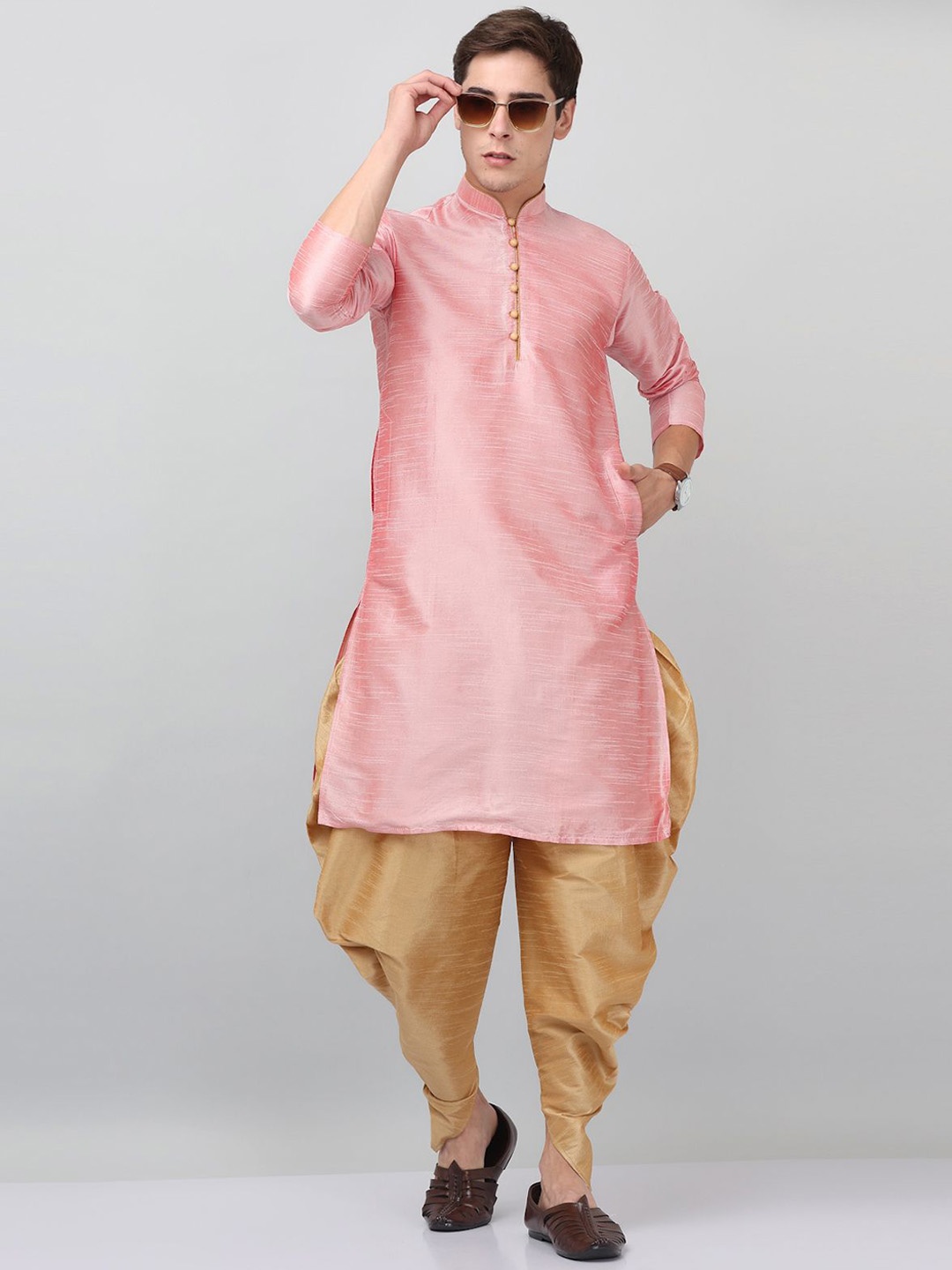 

LEMONX Mandarin Collar Dupion Silk Straight Kurta With Dhoti Pant, Pink