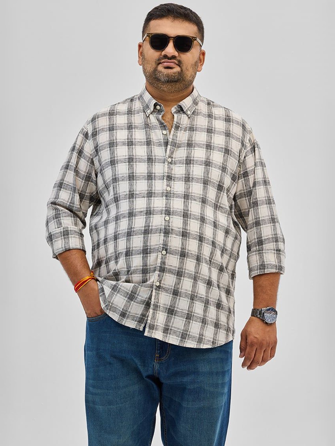 

Snitch Plus Size Men Classic Button-Down Collar Tartan Checked Casual Shirt, Grey
