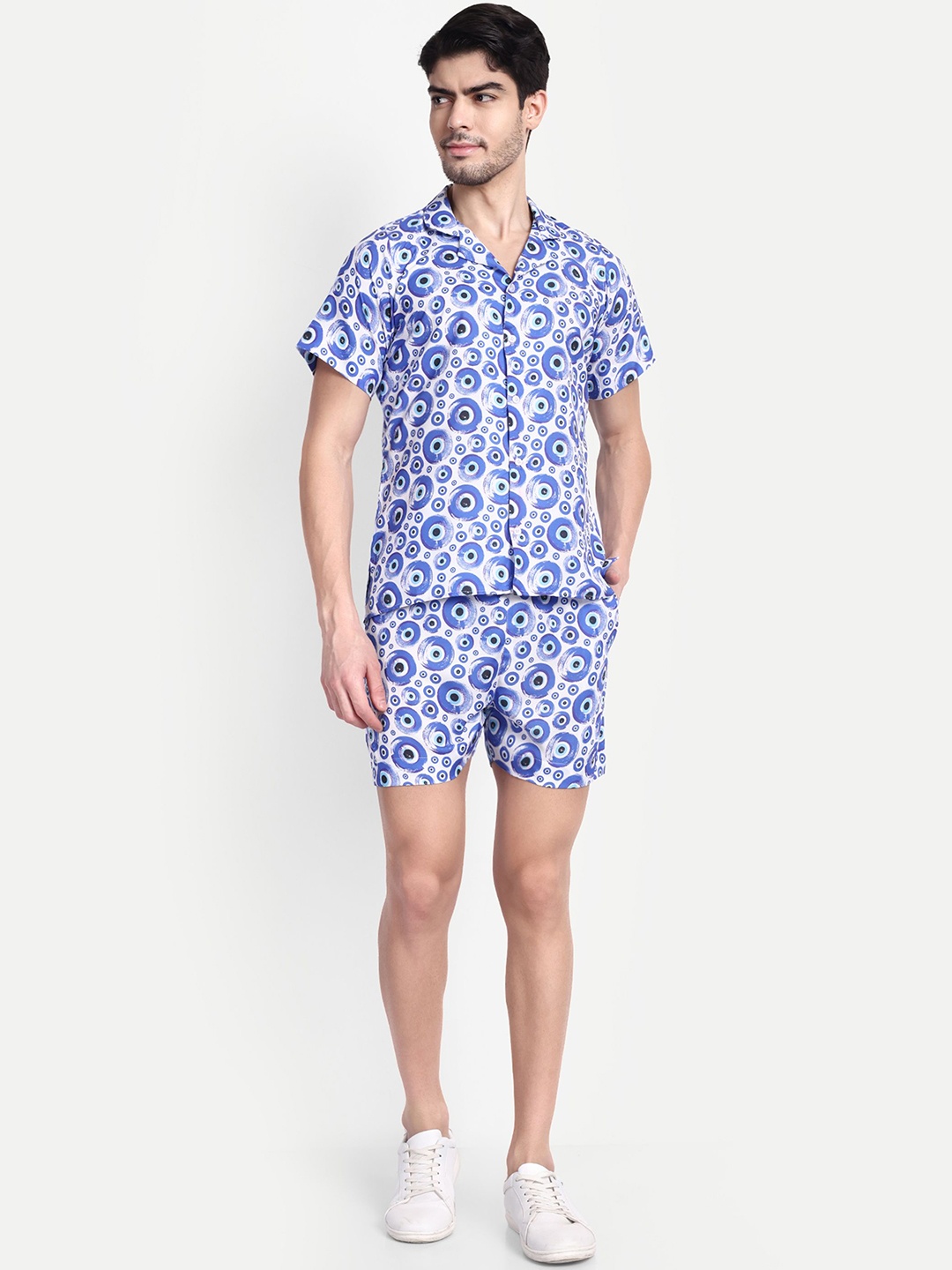 

TILISM Printed Shirt Collar Short Sleeves Pure Cotton Shirt With Shorts, White
