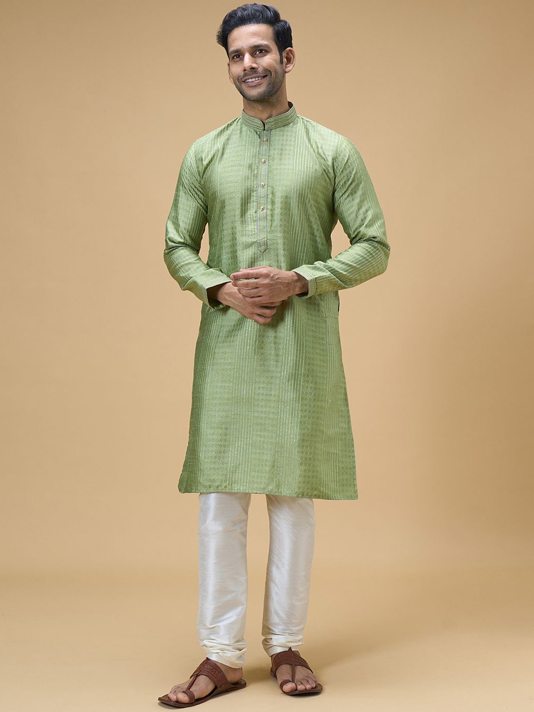 

Arihant Rai Sinha Geometric Woven Design Sequinned Straight Kurta With Churidar, Green