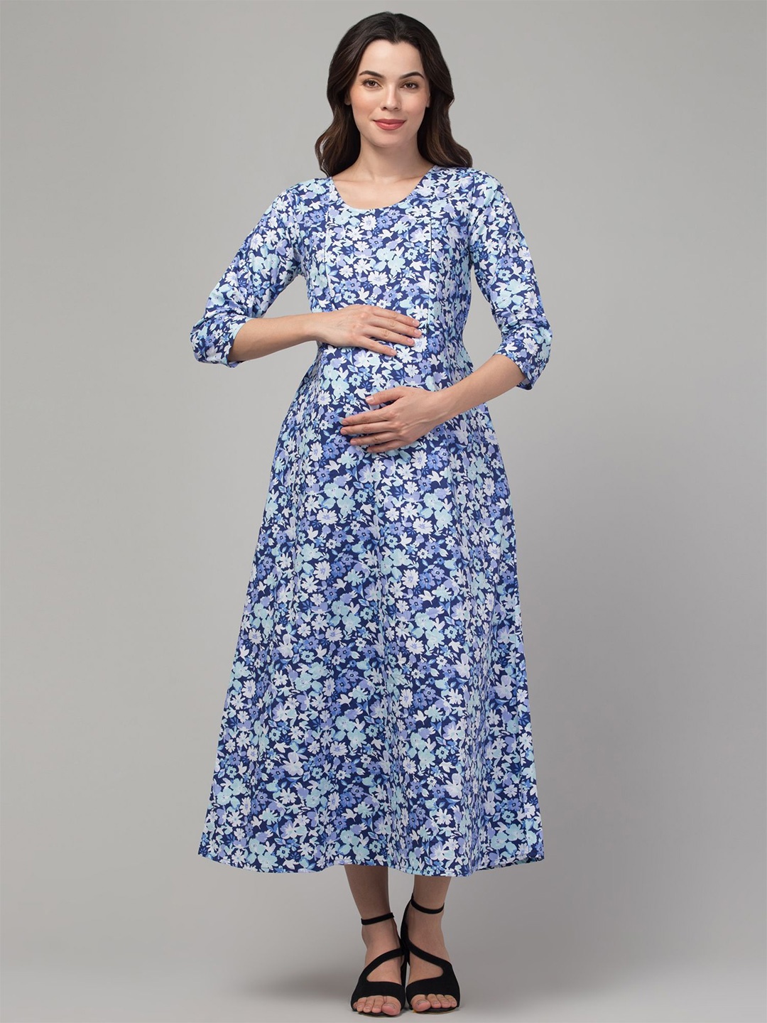 

Zuvino Women Floral Printed Cotton Round Neck Maternity Fit & Flare Maxi Dress, Blue