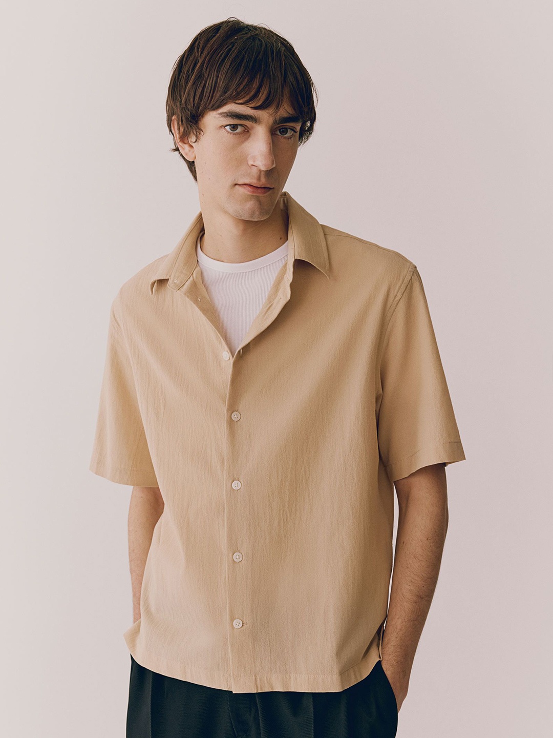 

H&M Cotton Loose Fit Crinkled Shirt, Beige