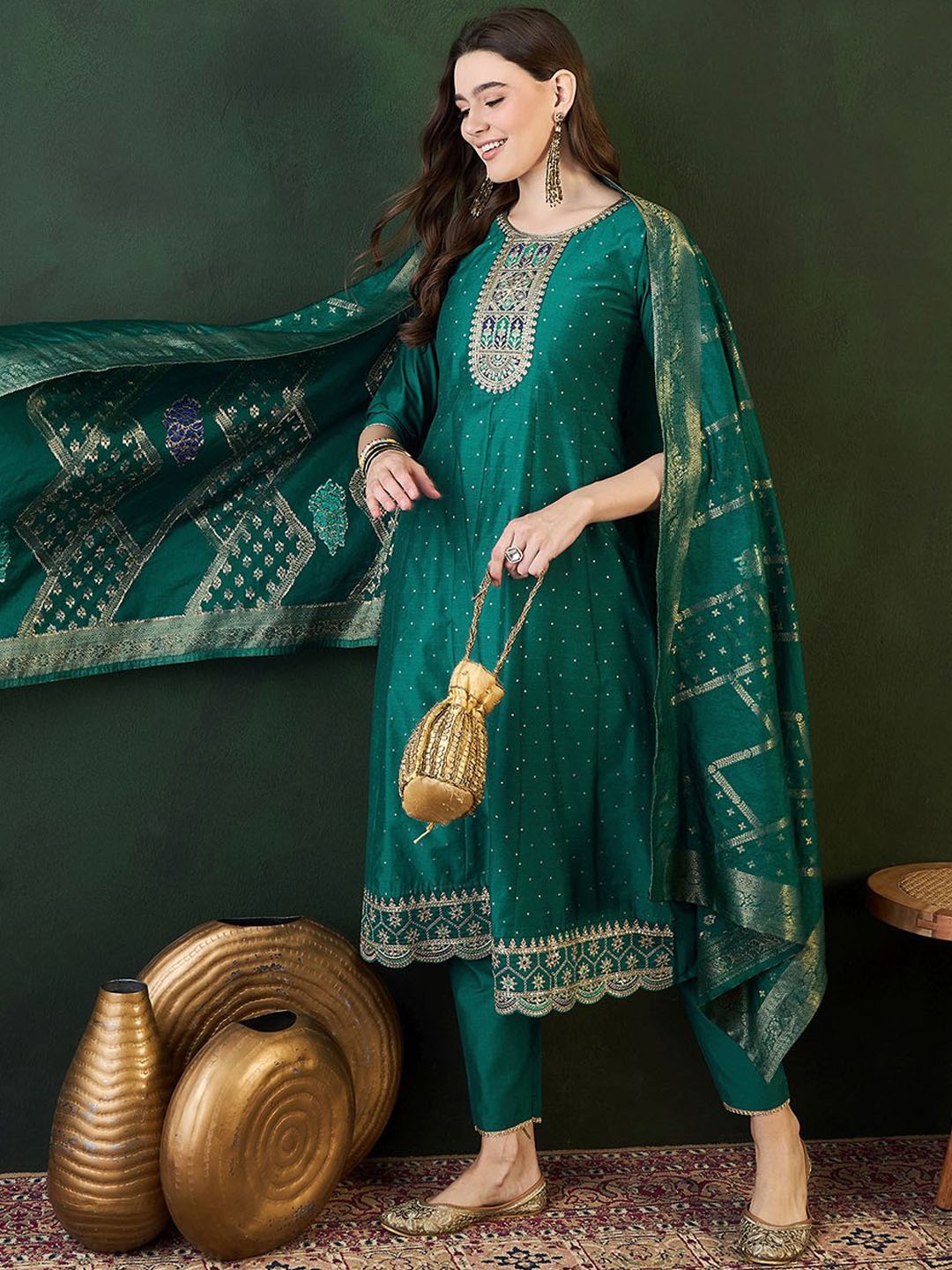 

Sangria Floral Embroidered Layered Kurta with Trouser & Dupatta, Teal