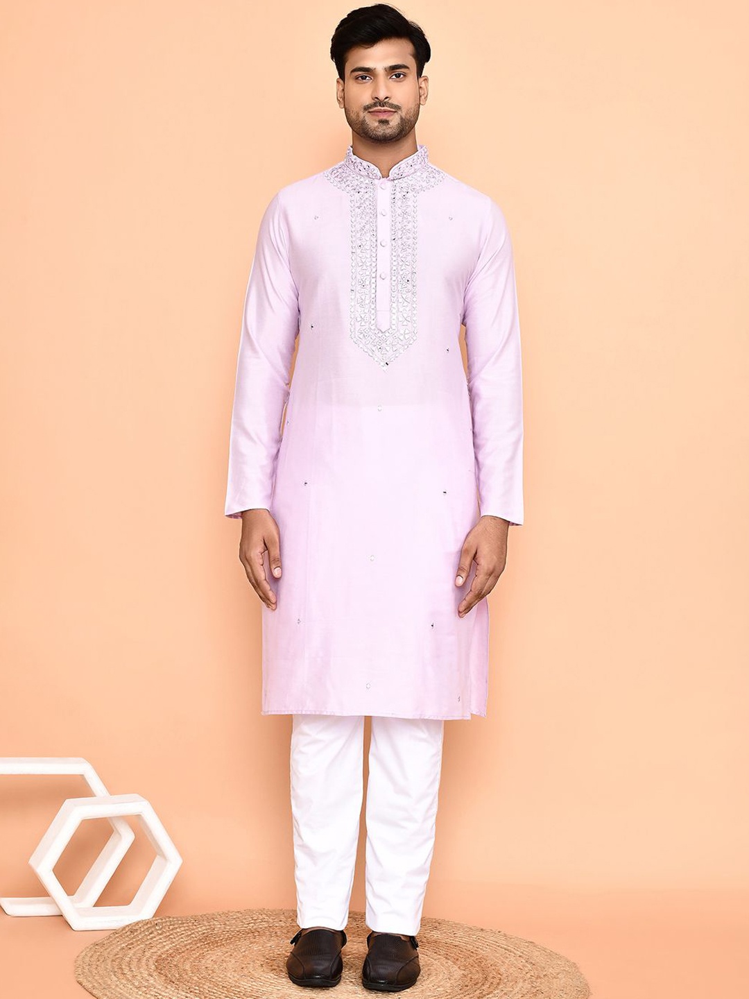 

Arihant Rai Sinha Ethnic Motifs Embroidered Mirror Work Straight Kurta With Trousers, Purple