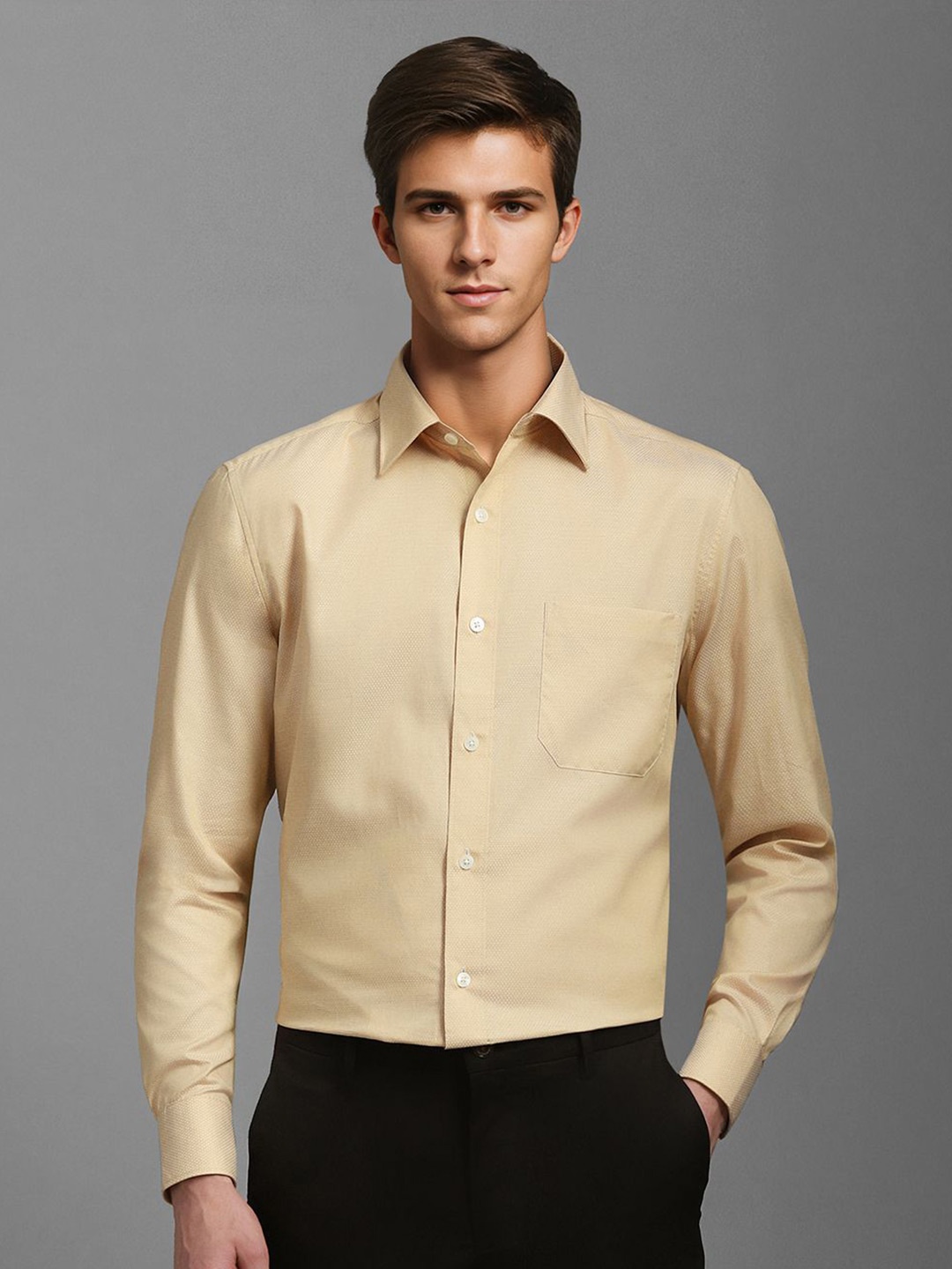 

Louis Philippe Men Classic Spread Collar Solid Cotton Formal Shirt, Beige