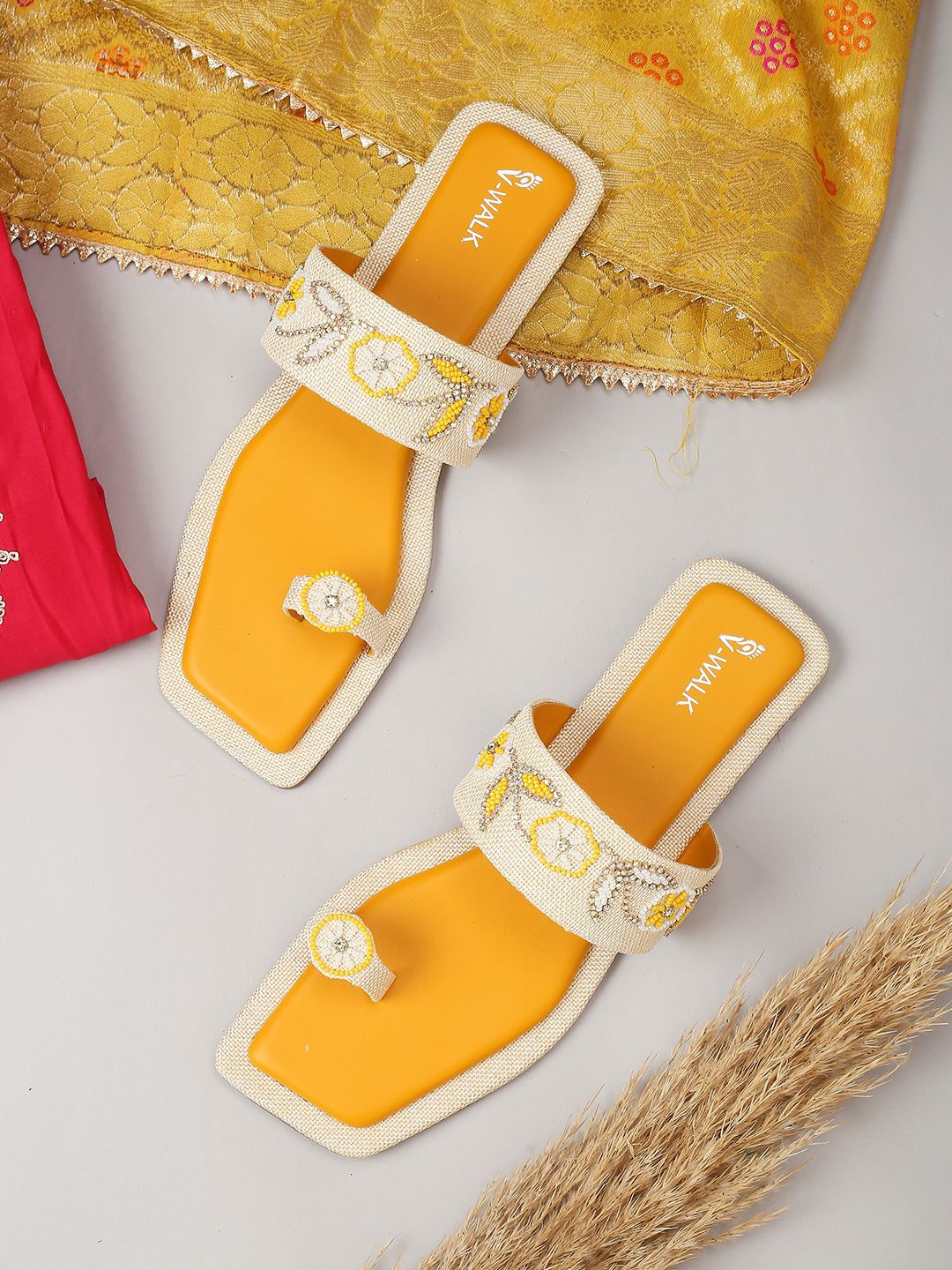 

V-WALK Women Embellished One Toe Flats, Mustard