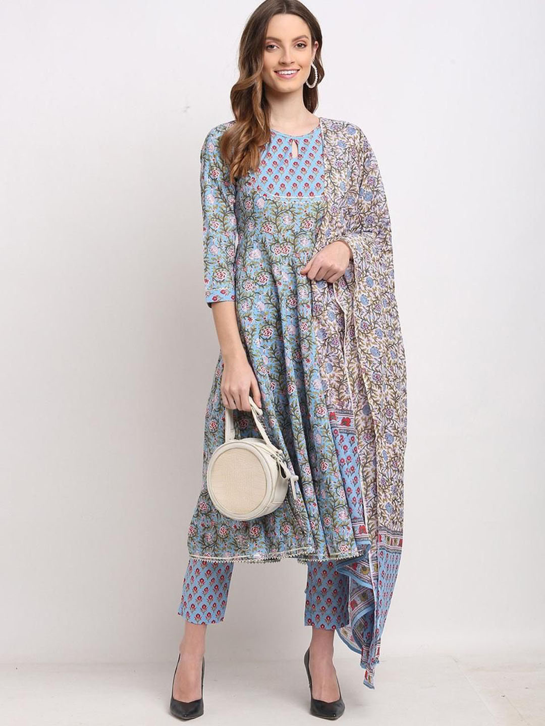 

AK FASHION MALL Keyhole Neck Floral Printed Anarkali Kurta with Trouser & Dupatta, Blue