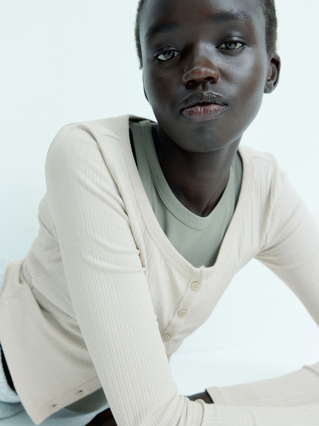 

H&M Women Ribbed Long Sleeves Button-Front Top, Beige