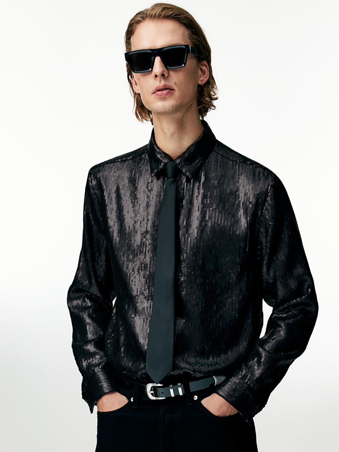 

H&M Regular Fit Sequined Shirt, Black