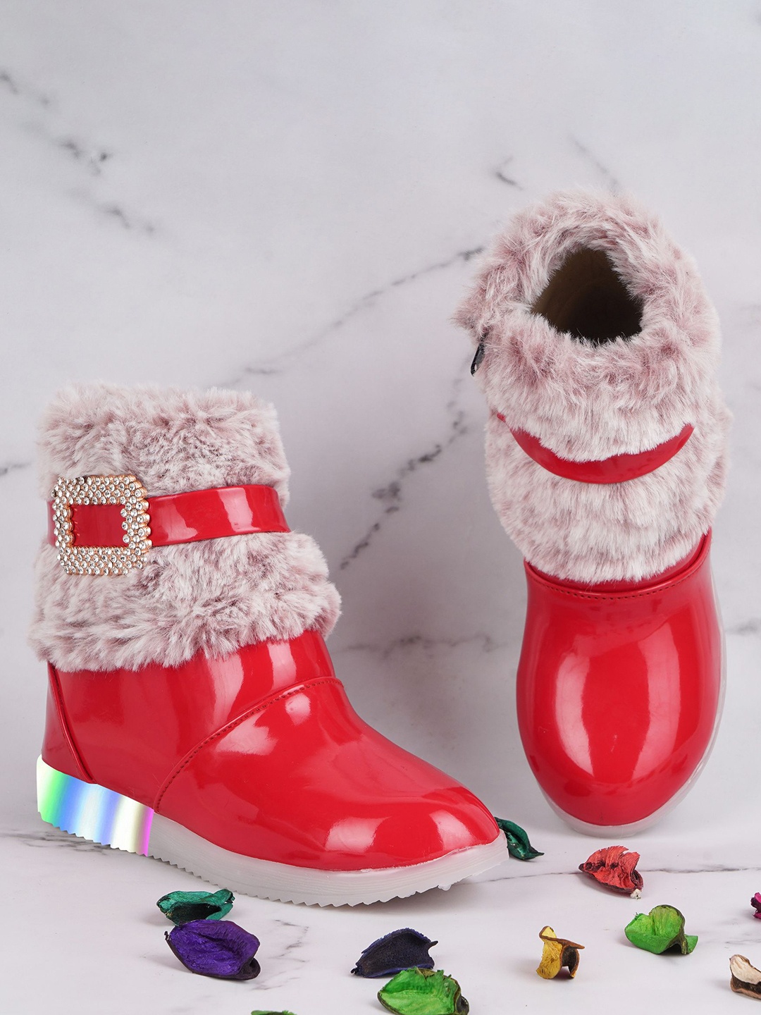 

BAESD Girls Embellished Faux Fur Casual Flatform-Heeled Winter Round Toe Mid Top Boots, Red